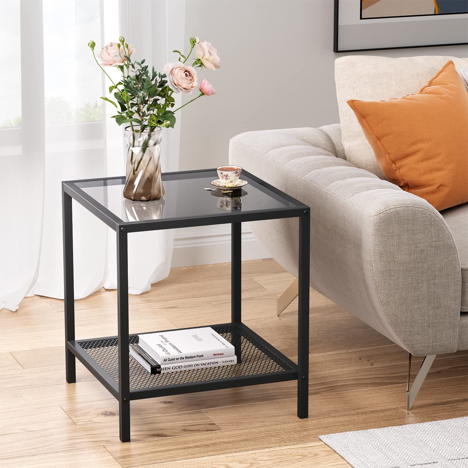 SAYGOER Small Side Table Glass End Table with Mesh Storage Shelf for Small Spaces Modern, 13.4" x11.8" x19.7", 2-Tier Square Bed Nightstand Couch Table for Living Room Bedroom, Gray