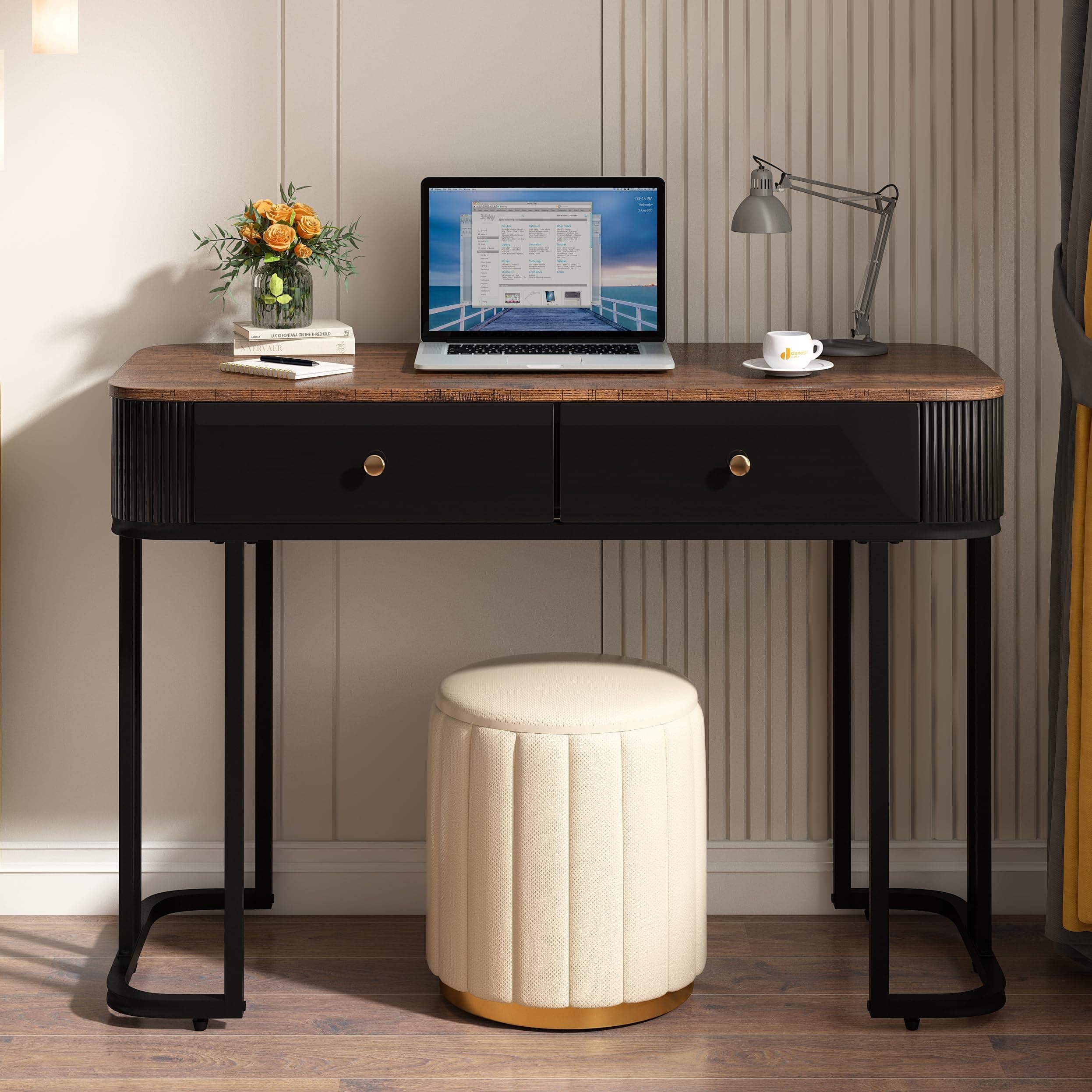 OIOG Console Table with Drawers, Modern Sofa Table with Wood Grain Tabletop, Entryway Table with Stroage for Livingroom, Makeup Vanity Desk for Bedroom, Small Computer Desk with 2 Drawers, Brown,Black