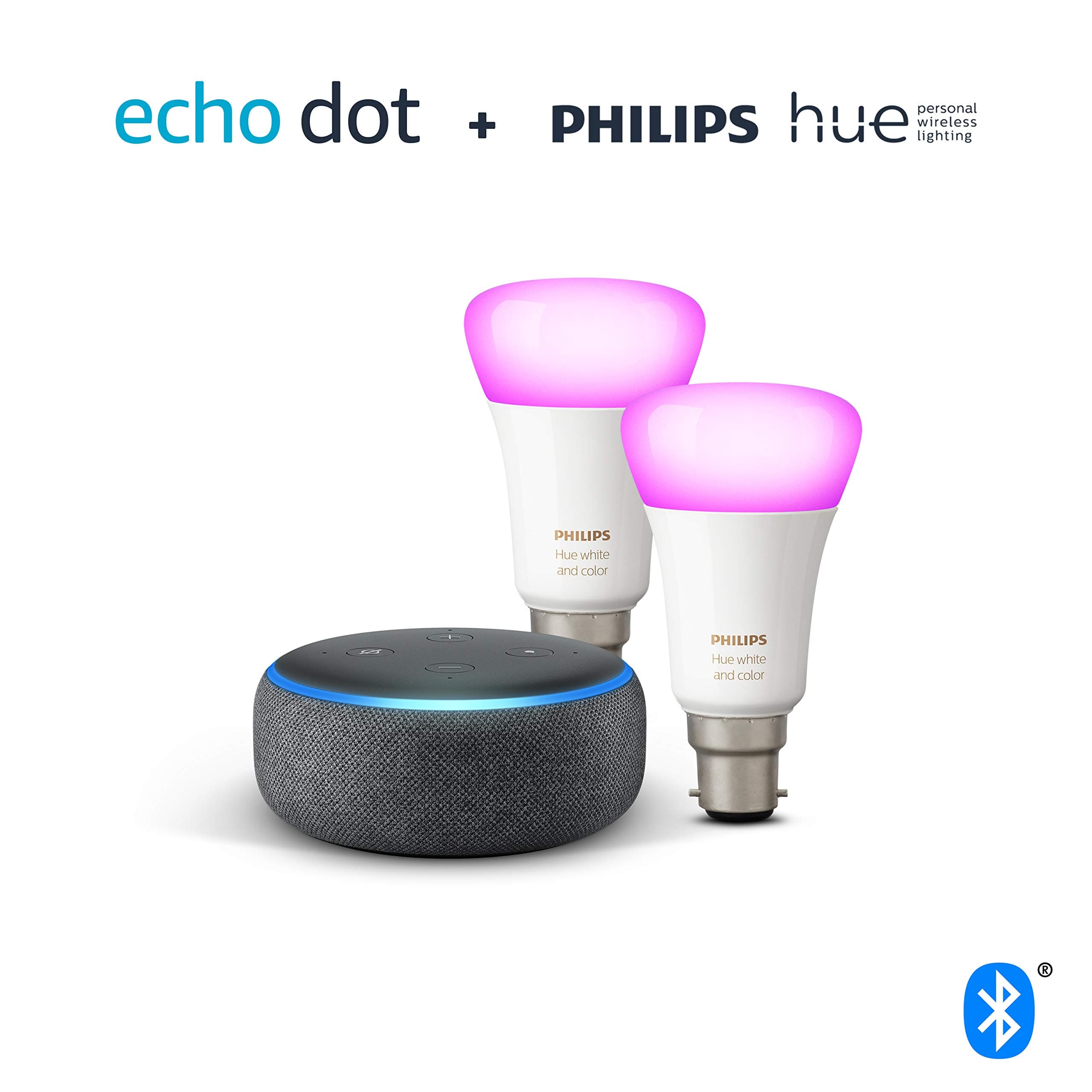Echo Dot (3rd Gen), Charcoal Fabric + Philips Hue White & Colour Ambiance Smart Bulb Twin Pack LED (B22) | Bluetooth & ZigBee compatible (no hub required)