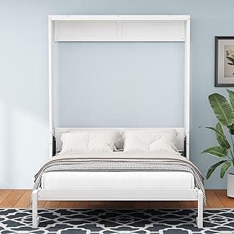 SOFTSEA Horizontal Full Size Murphy Bed with Desk, 61.5 inch Foldable Murphy Bed Cabinet with Storage for Guest Room, Space Saving Hidden Wall Bed Frame, White