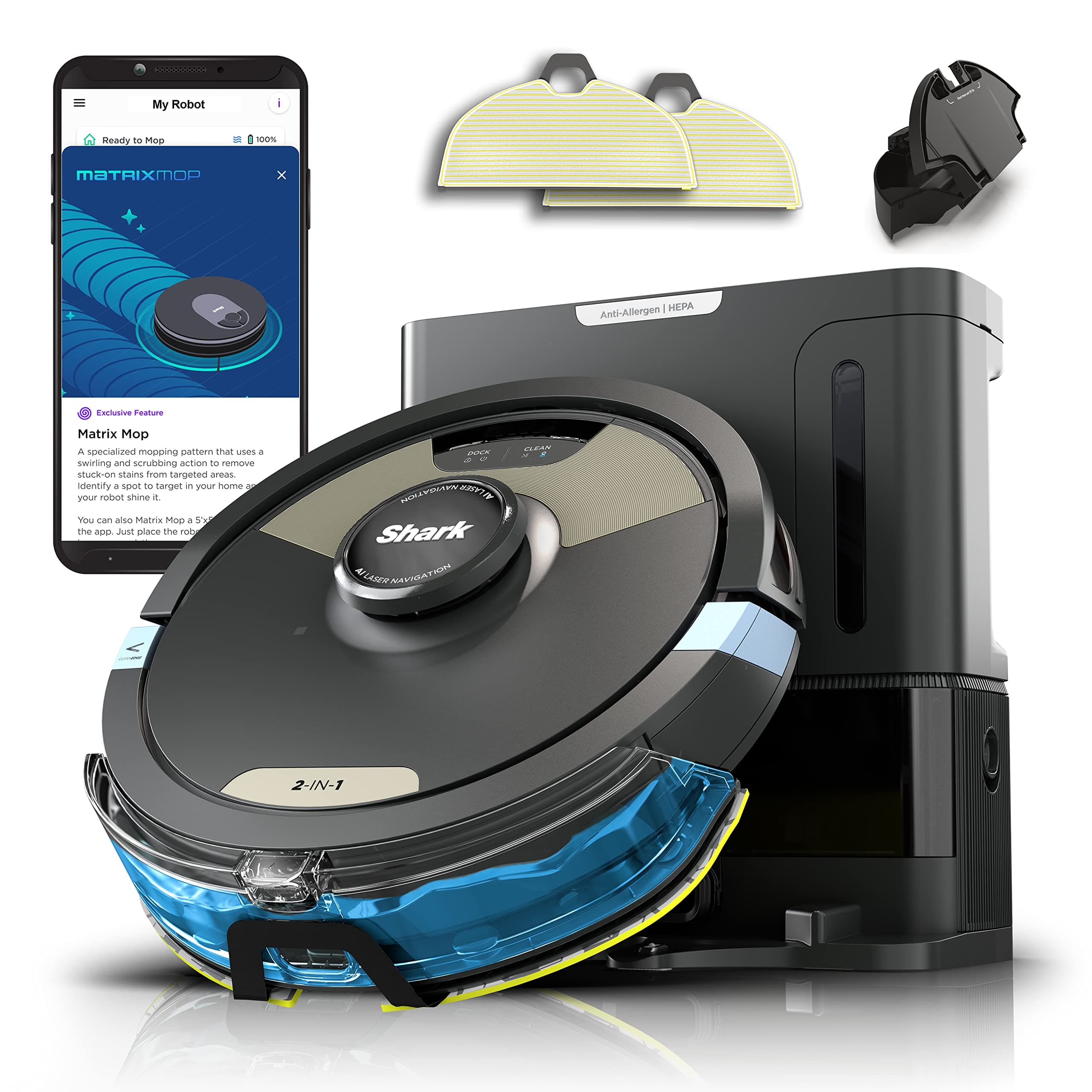 Robot Vacuum & Mop Combo, Powerful Suction, Matrix Plus, 60-Day Debris Capacity, HEPA Bagless Self Empty Base, Sonic Mopping, Home Mapping for Pet Hair - Carpets & Hardfloor, AV2610WA