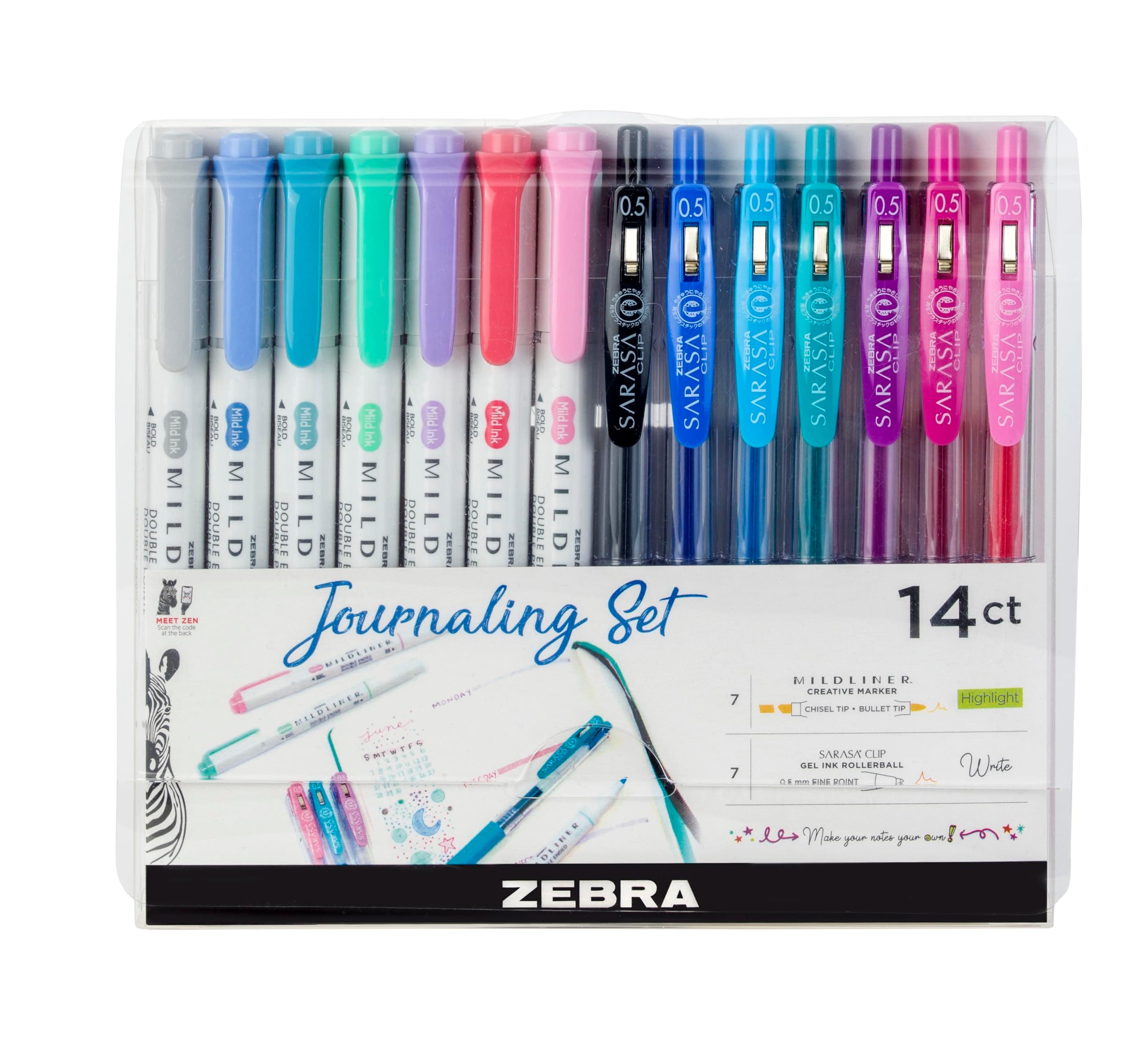 Zebra Pen Journaling Set, Includes 7 Mildliner Highlighters and 7 Sarasa Clip Retractable Gel Ink Pens, Assorted Colors, 14 Pack