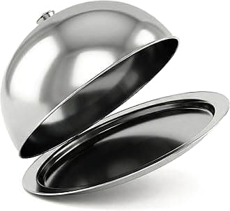 MTS Stainless Steel Cloche Food Cover Dome & Serving Platter - Metal Plate Dish with Lid for Keeping Food Warm - Silver Bell Jar Presentation for Restaurant Dining, Burgers, Steak, Cheese & Desserts