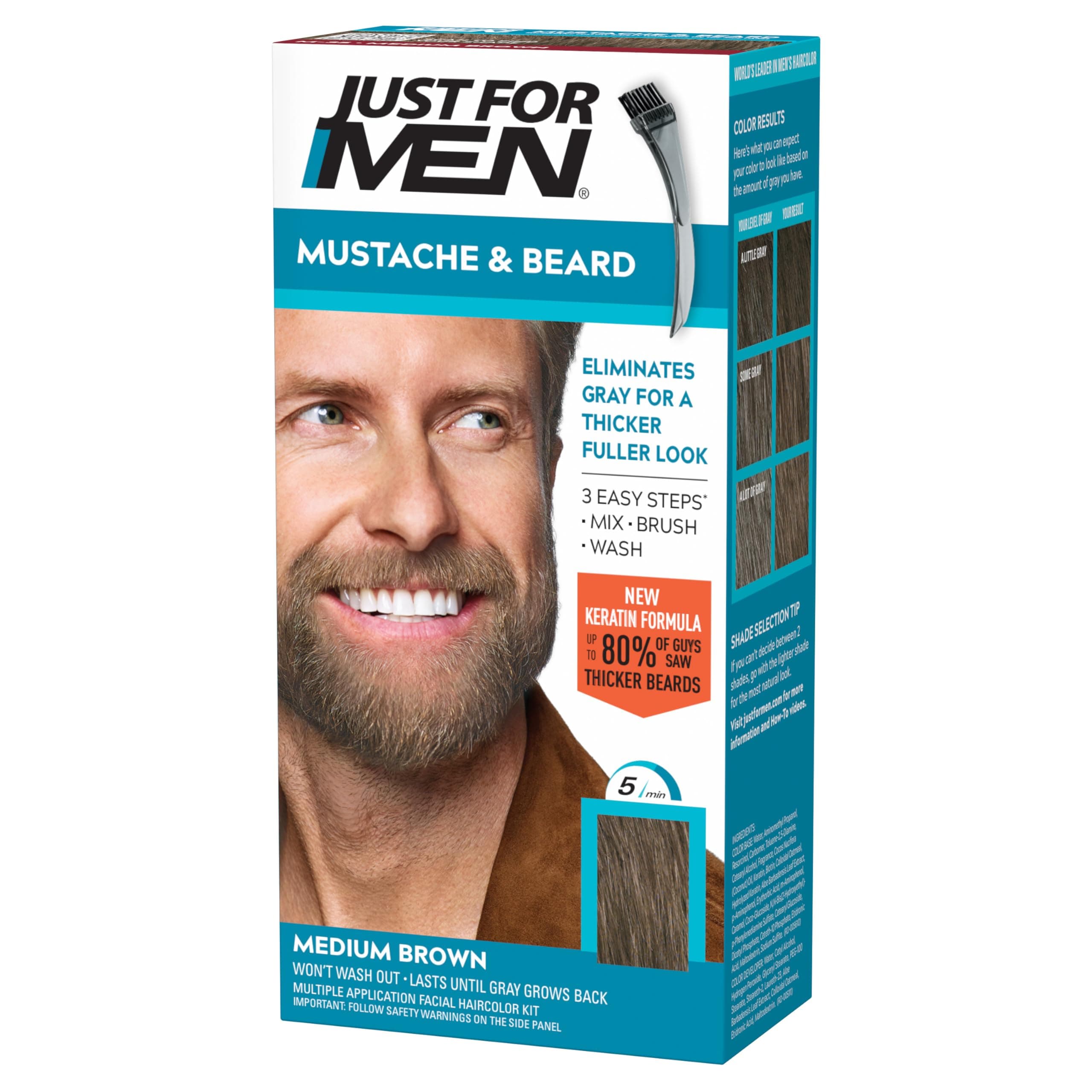 Mustache & Beard, Beard Coloring for Gray Hair with Brush Included for Easy Application, With Biotin Aloe and Coconut Oil for Healthy Facial Hair - Medium Brown, M-35 - Pack of 1