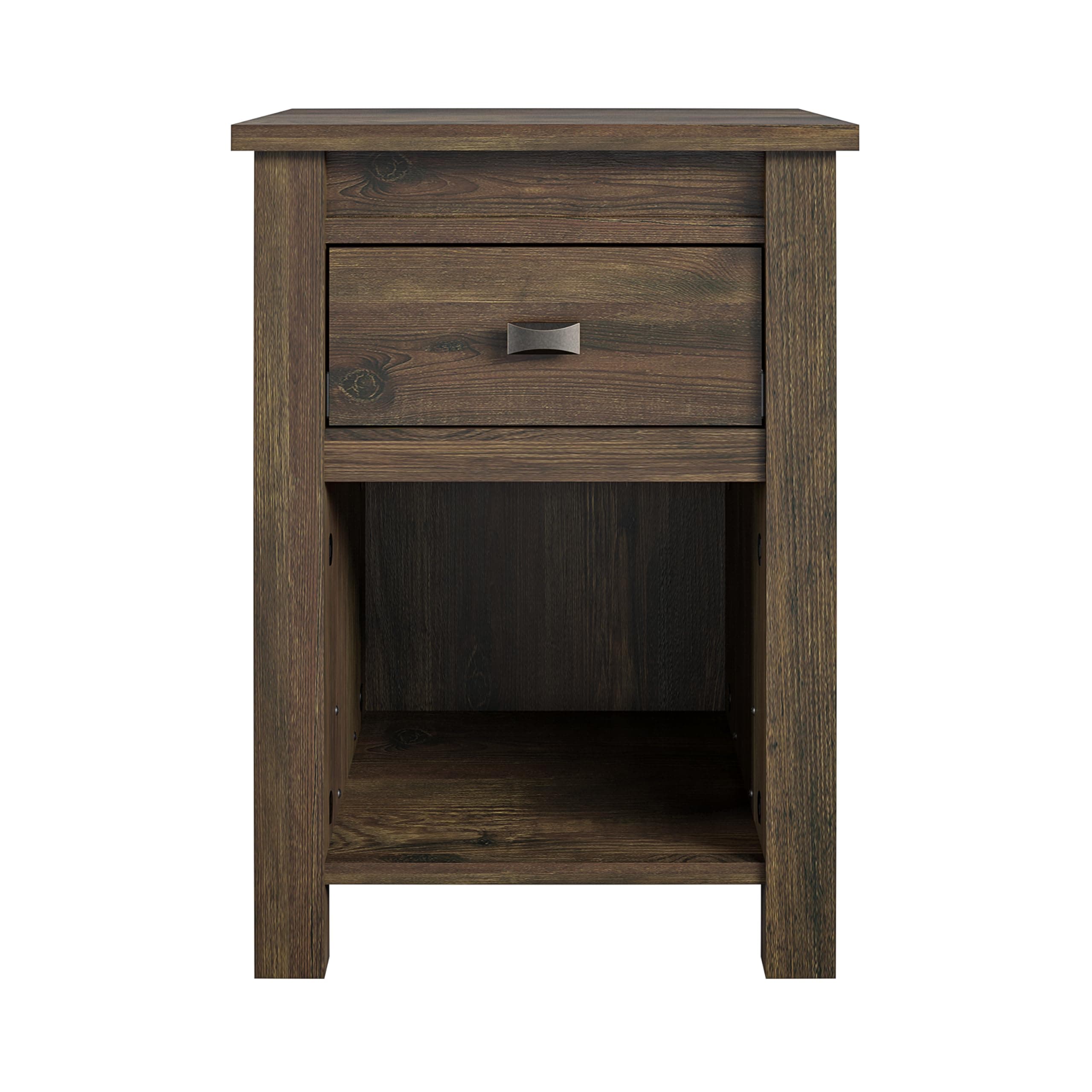 Ameriwood Home Farmington Country Style Nightstand with Barn Door Design, Concealed Drawer and Open Cubby, Textured Weathered Medium Brown Finish