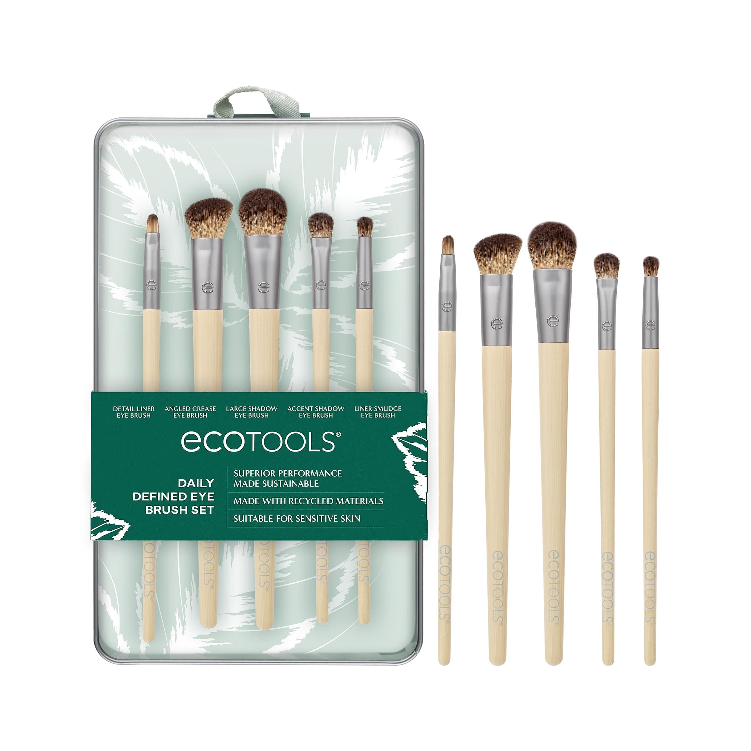 EcoTools Daily Defined Eye Brush Kit + Storage Tray, Eco-Friendly Makeup Brushes For Liquid, Powder, & Cream Eyeshadow & Eyeliner Application, Synthetic Hair, Vegan and Cruelty Free, 5 Piece Set