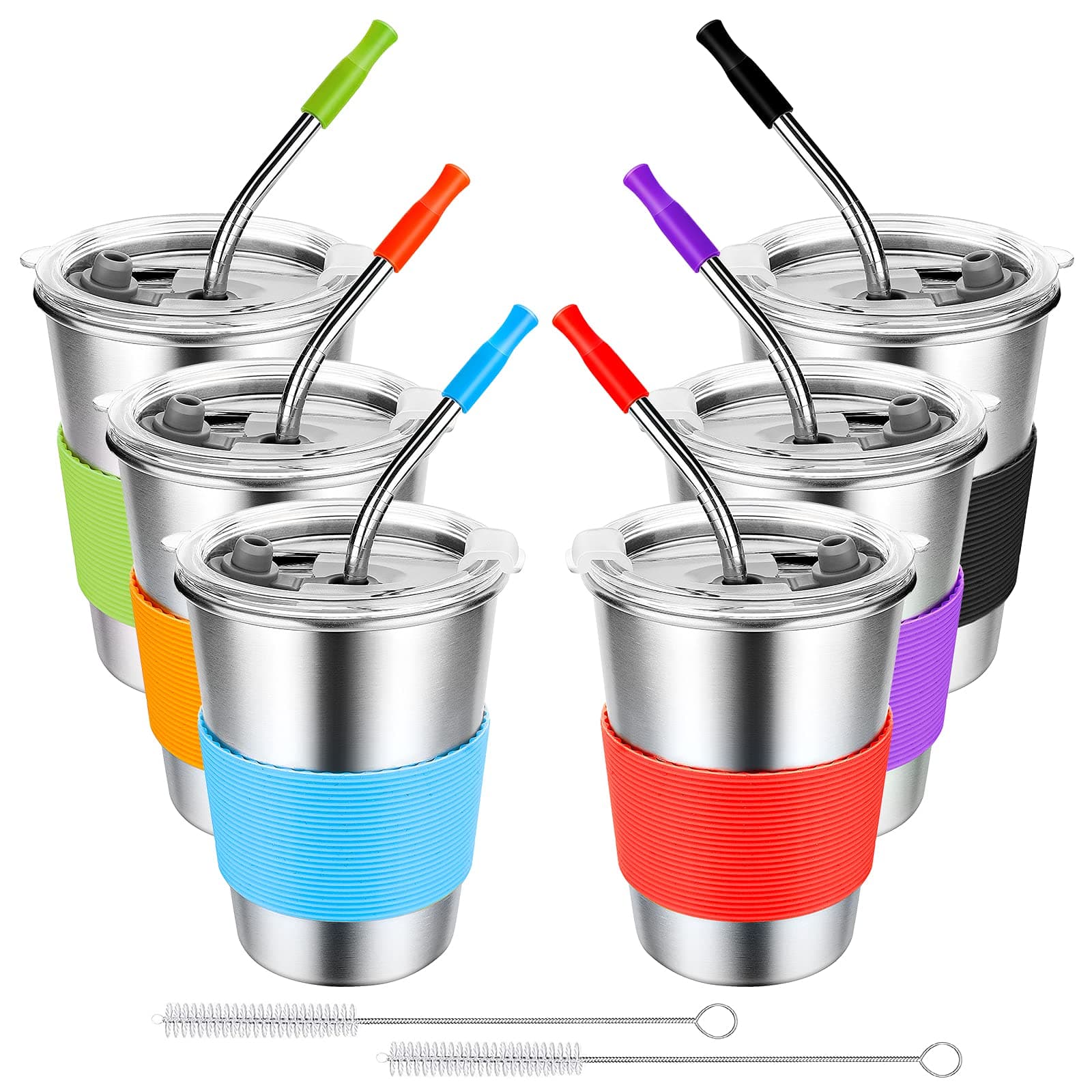 EXTSUD Kids Cups with Straws Spill Proof, 6 Pack 12 oz. 304 Stainless Steel Unbreakable Reusable Water Drinking Tumblers with Lids and Sleeves, BPA-Free Colorful Stacking Sippy Cups for Toddler, Adult