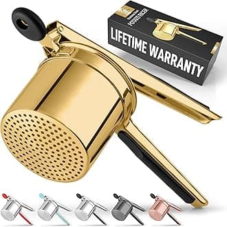 Zulay Kitchen Large 15oz Potato Ricer, Heavy Duty Stainless Steel Potato Masher and Ricer for Mashed Potatoes, Mashed Potato Masher & Potato Press Gadget for Perfect Mashed Potatoes - Gold/Black