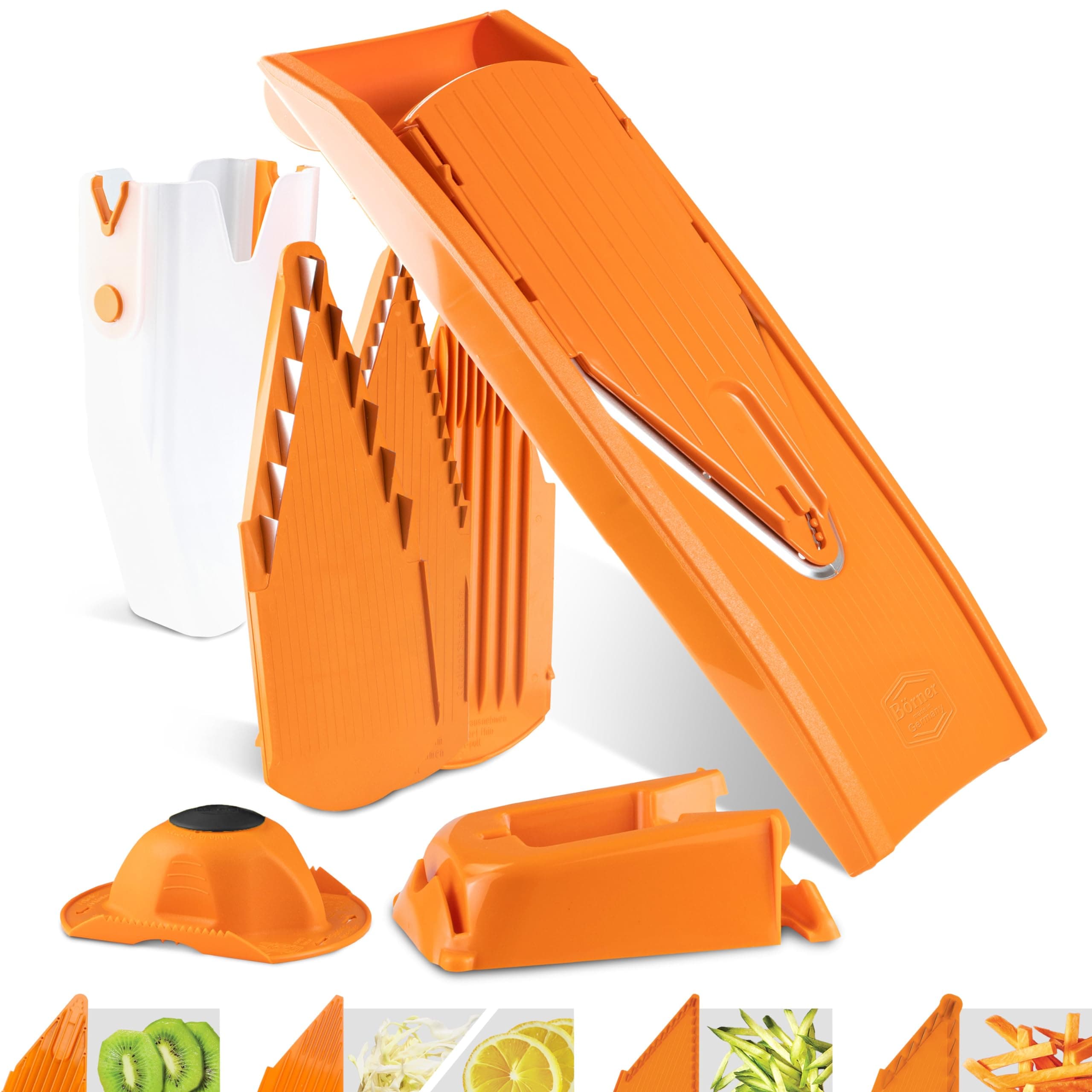 Mandoline Slicer V1 (Professional Set) • V-Slicer with 4 Inserts, Fruit Holder, Docking Station, Box • Adjustable Vegetable Slicer • Cuts into Slices, Strips & Dices • Color: Orange