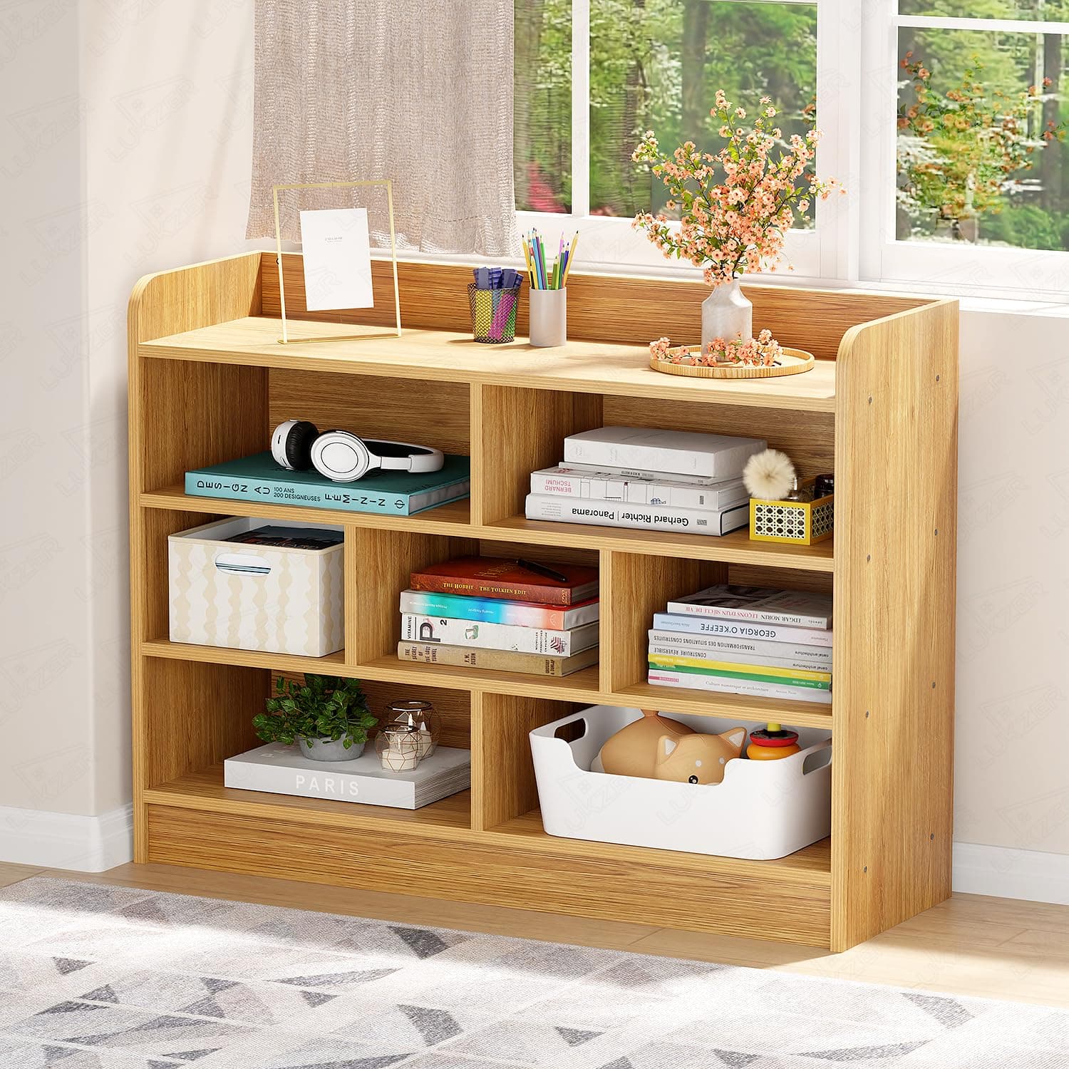 Lukzer Multipurpose 7-Section Storage Rack Bookcase | MR-008/Light Oak | Open Display Unit for Home & Workspaces (70x28x93cm)