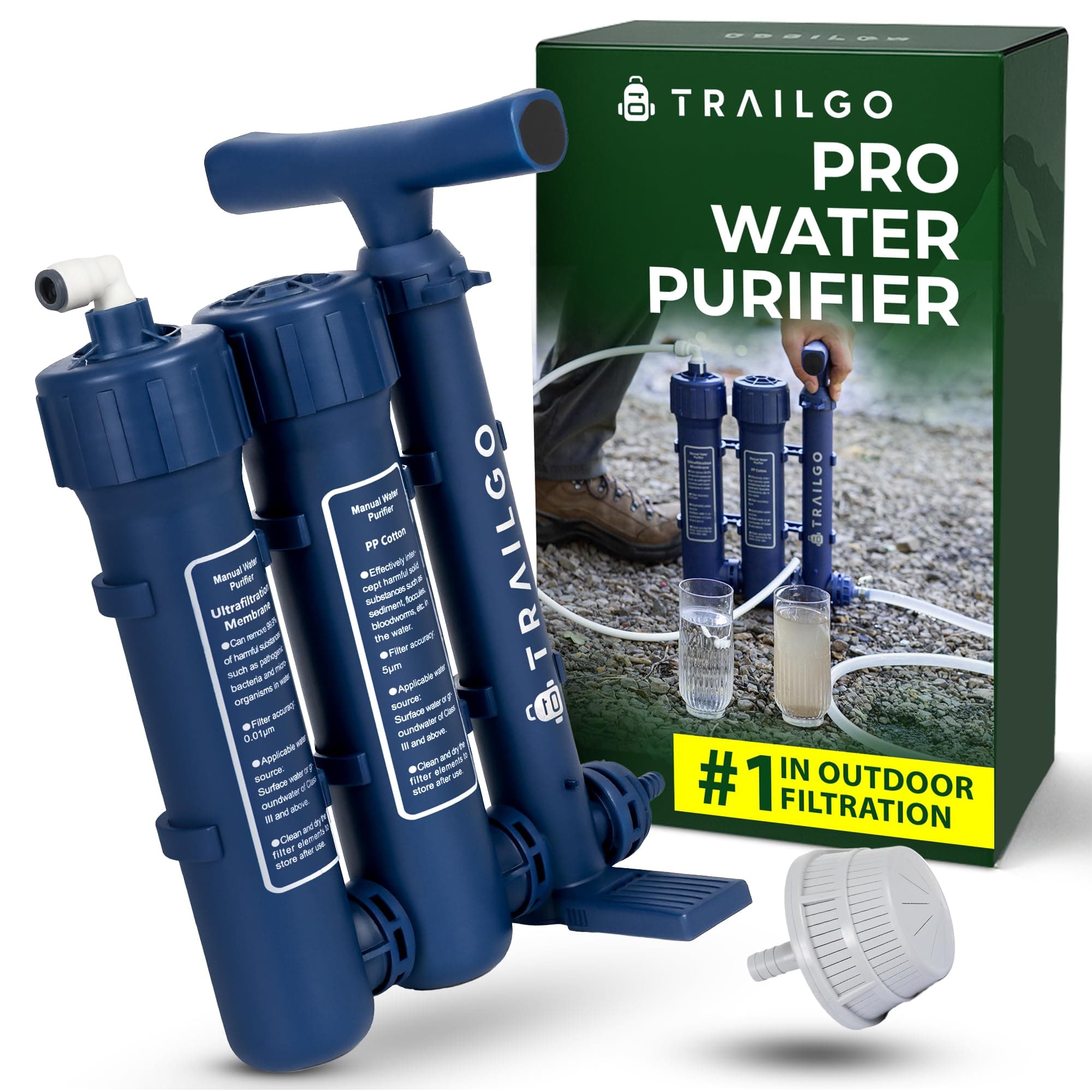Pro Water Purifier Water Purification System for Survival - High-Volume Hand Pump Portable Water Filter for Camping, Hiking, Hunting, Emergency Preparedness - 3-Stage Water Filtration System