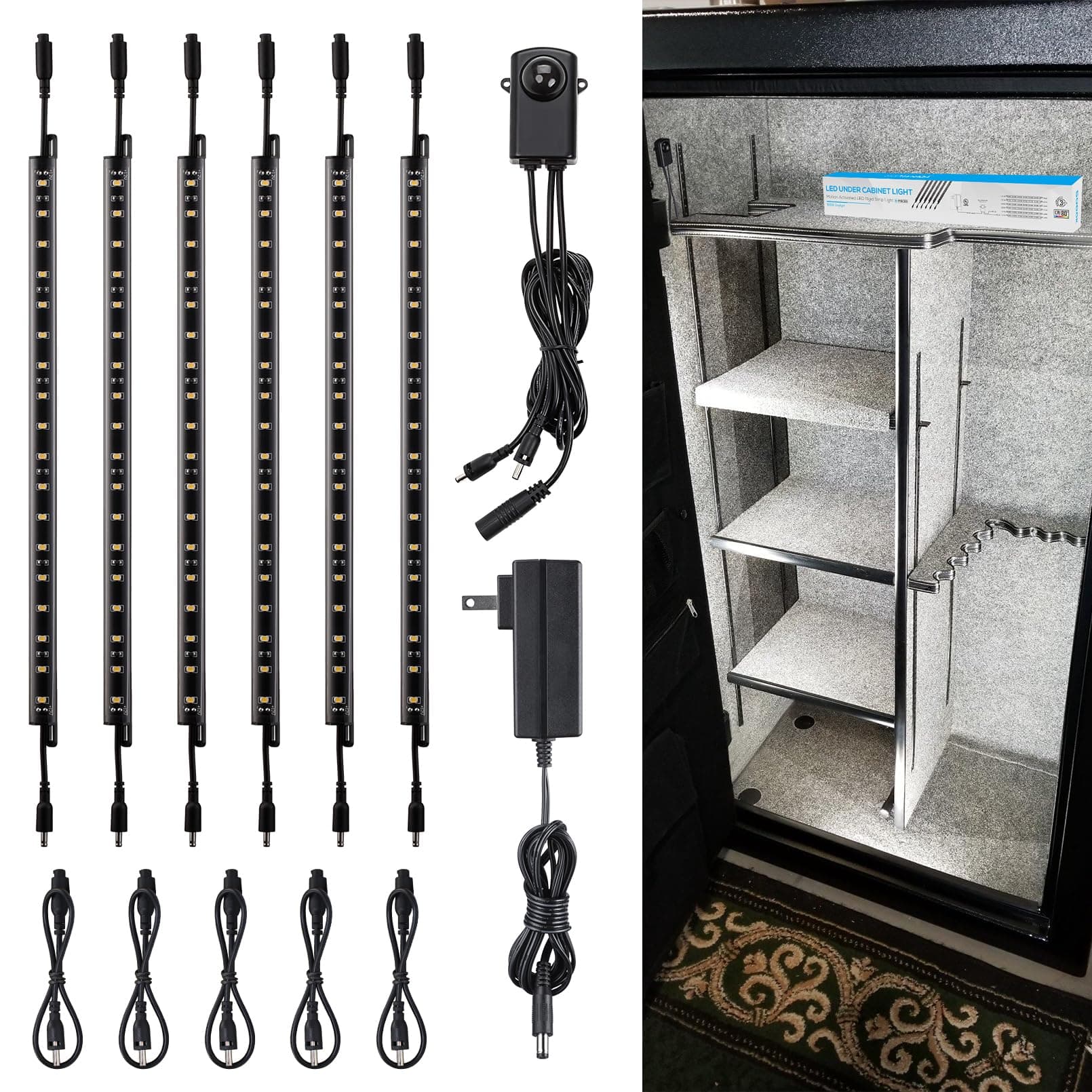 LED Safe Lighting Kit, (6) 12 Inch Linkable Light Bars + Motion Sensor + UL Power Adapter, 900LM, Input 100-240V, for Under Cabinet Gun Safe Locker Closet Showcase, 5000K Daylight