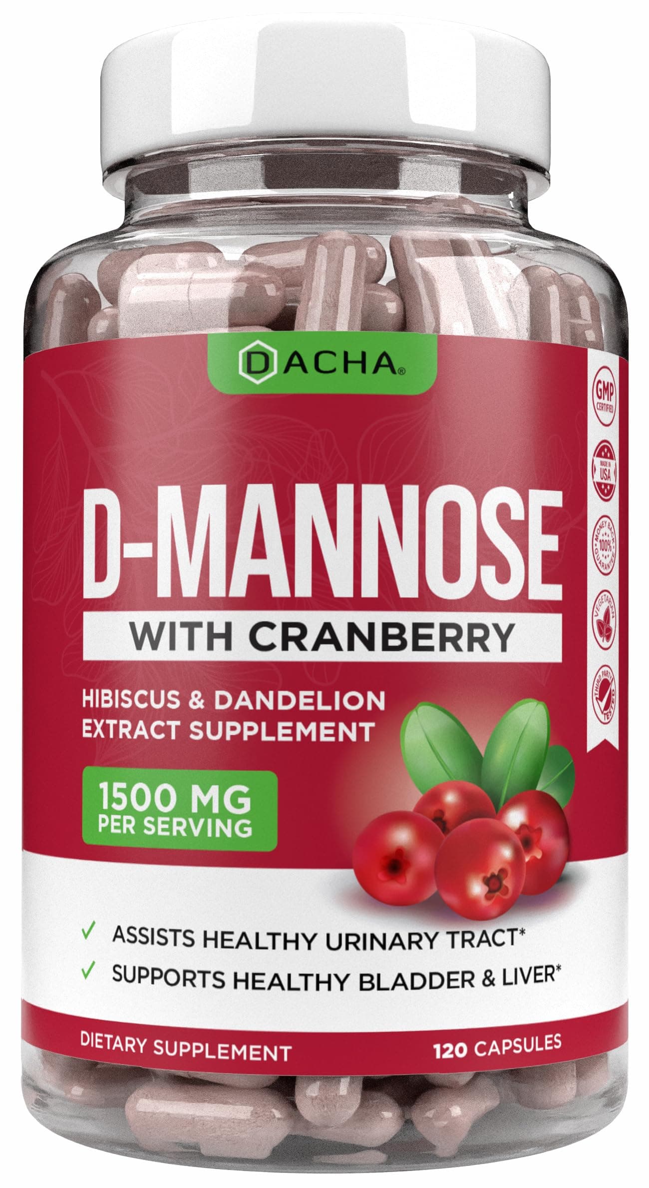 Natural D-Mannose Capsules 4-in-1 Formula - 120 CAPS, 1500 MG Cranberry, Dandelion, Hibiscus Flower Extract, Pills for Supporting Bladder and Urinary Tract Health