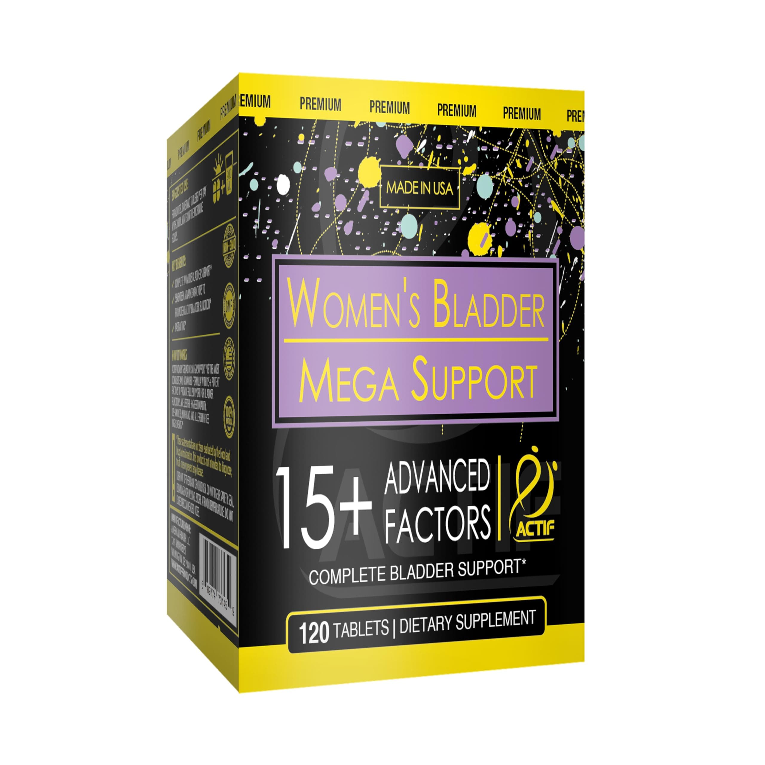 Actif Women's Bladder Mega Support with 15+ Factors, Non-GMO, for Bladder Control and Complete Bladder Support, Made in USA, 120 Count