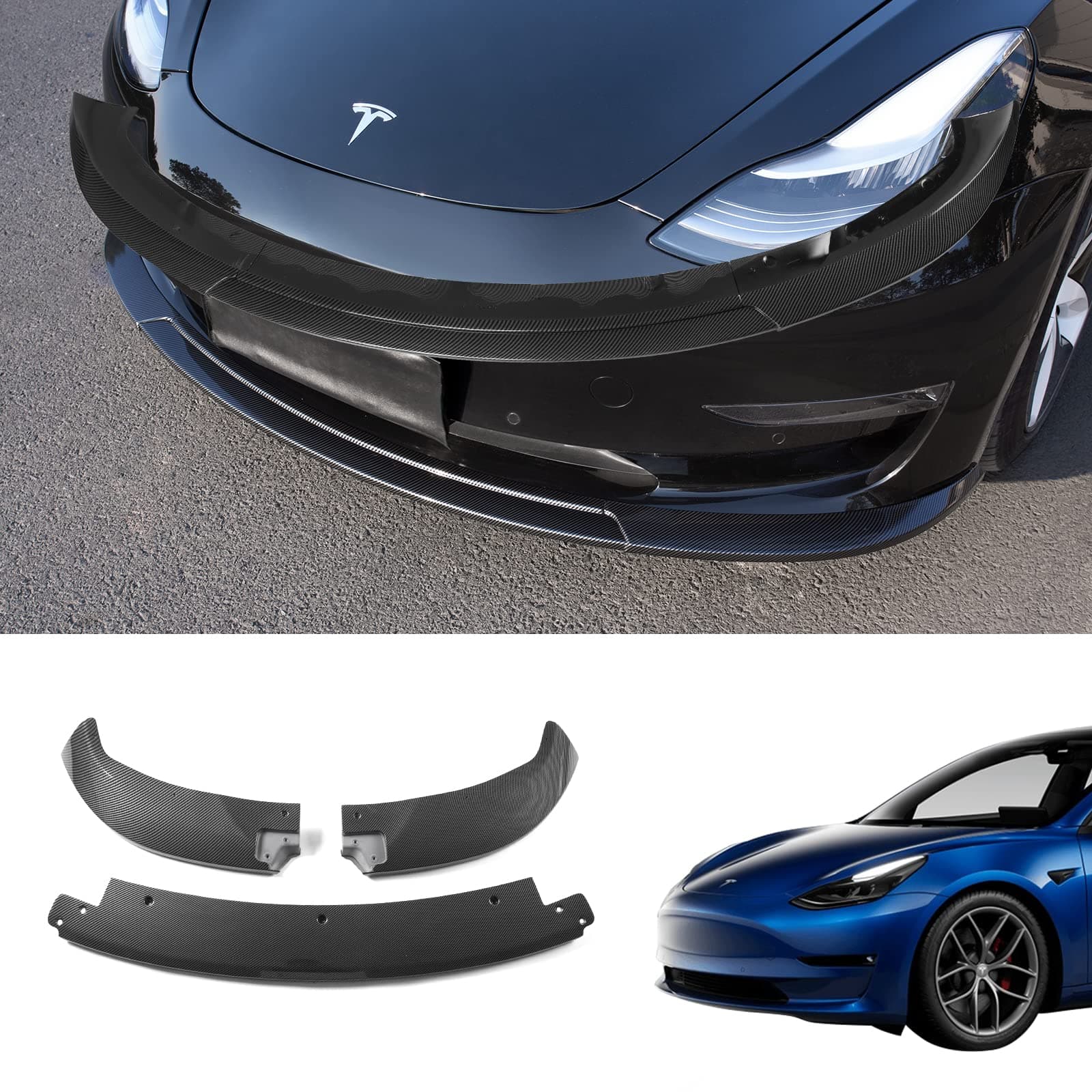 Bomely Front Bumper Lip Compatible with 2017-2023 Tesla Model 3 Front Bumper Lip Kit Car Glossy Mods Spoiler for Tesla Model 3 Accessories (Glossy Carbon Fiber Pattern)