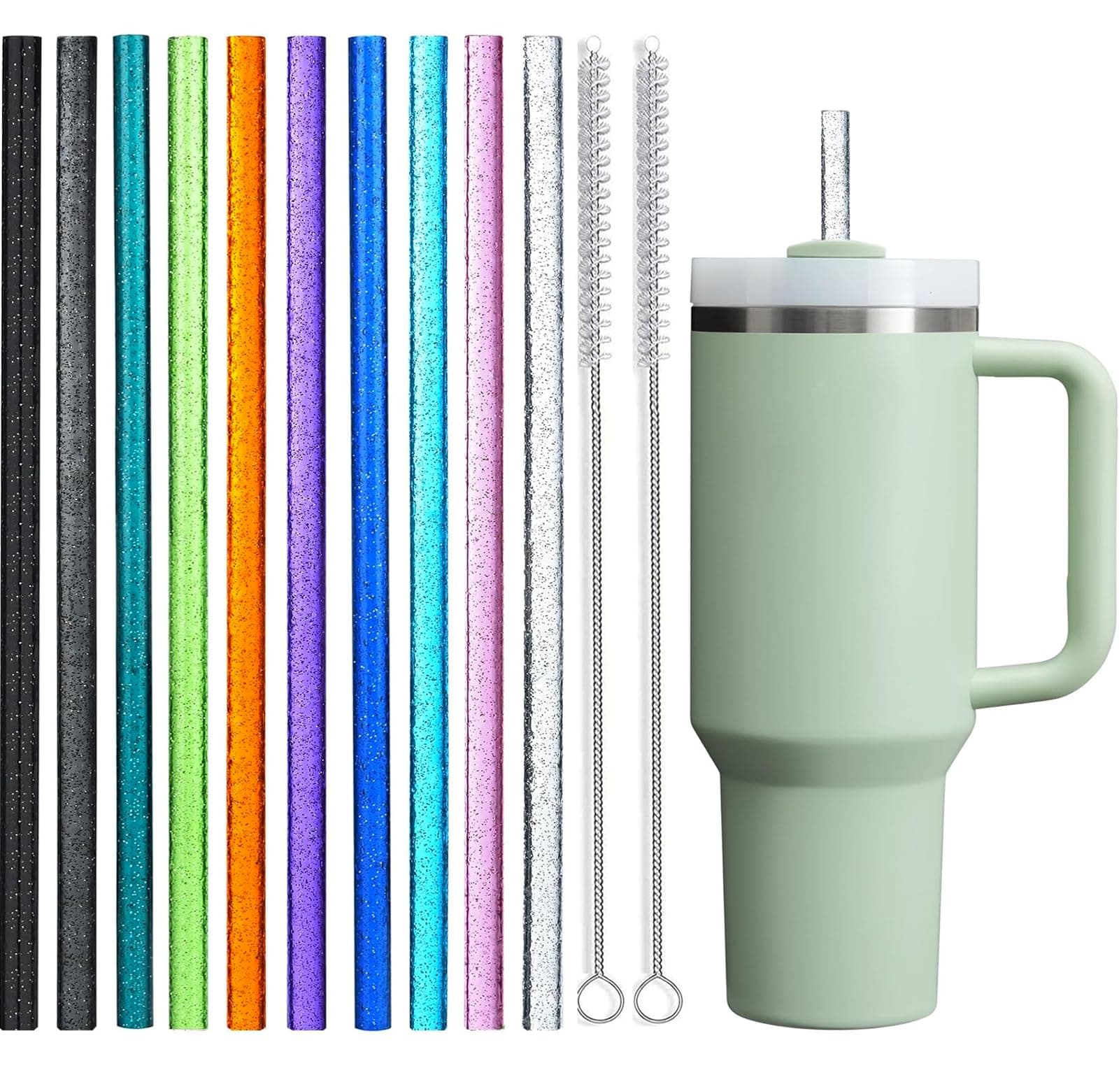 ALINK 10 Pack Glitter Straws for Stanley 40 oz 30 oz Tumbler, 12 in Long Reusable Plastic Clear Straws for Stanley Cup Accessories, Half Gallon Jug, Plus 2 Cleaning Brush (Color)