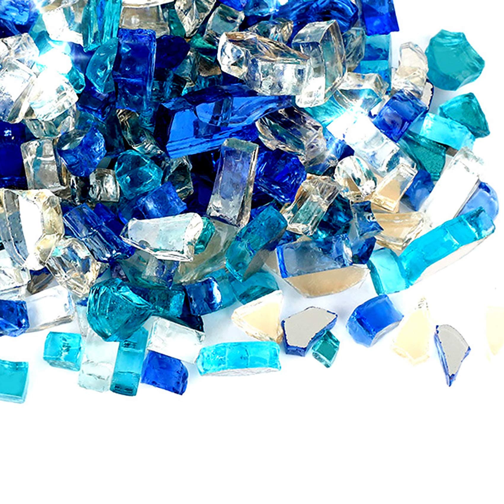 Skyflame 10-Pound Blended Fire Glass for Fire Pit Fireplace Landscaping, 1/2 inch Aqua Blue, Platinum, Cobalt Blue, Reflective