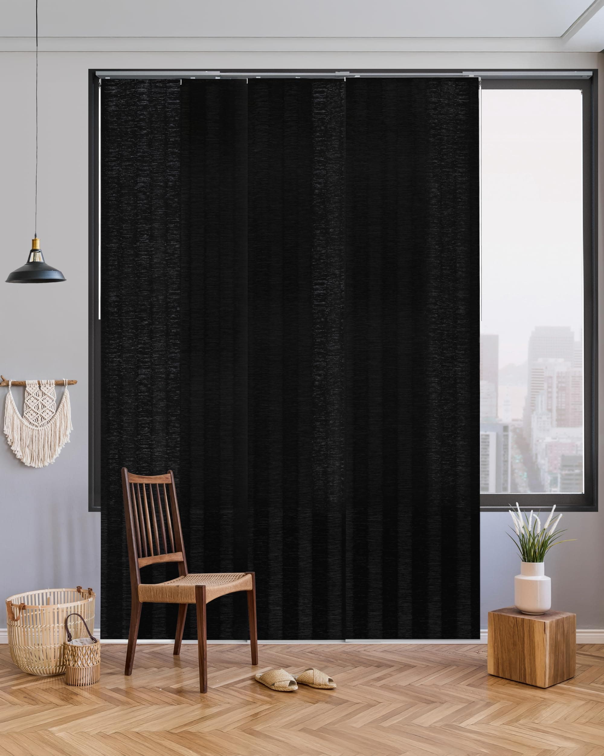 GoDear Design Deluxe Adjustable Sliding Panel Track Blind 45.8"- 86" W x Up to 96" H, Extendable 4-Rail Track Vertical Blind, Trimmable Pleated Natural Woven Fabric, Black Stripe Pattern, Pilot Whale