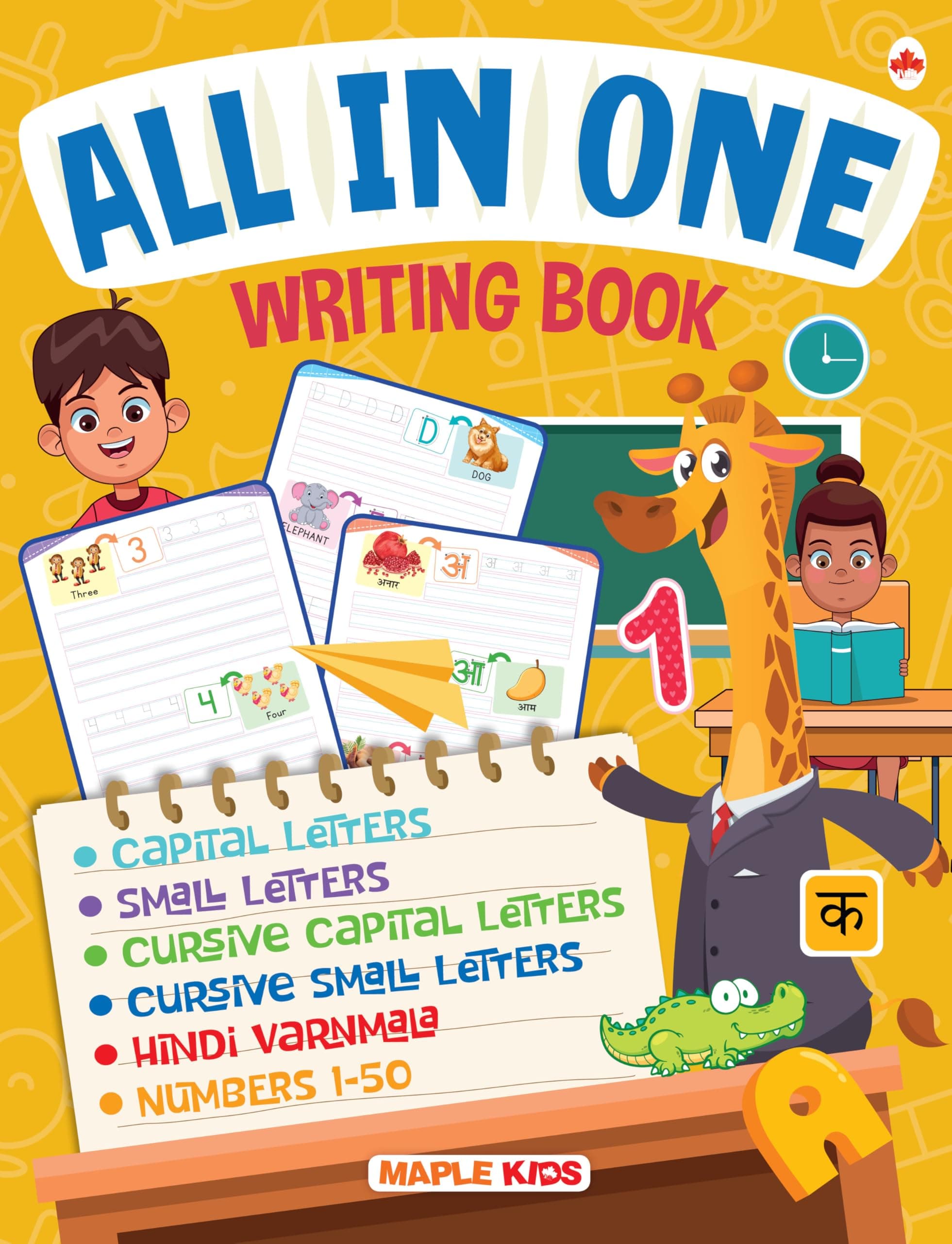 All in One - Writing Practice Fun - Write and Practice Capital Letters, Small Letters, Cursive Writing, Hindi Varnamala and Numbers - Book for Kids 2+ Years Old