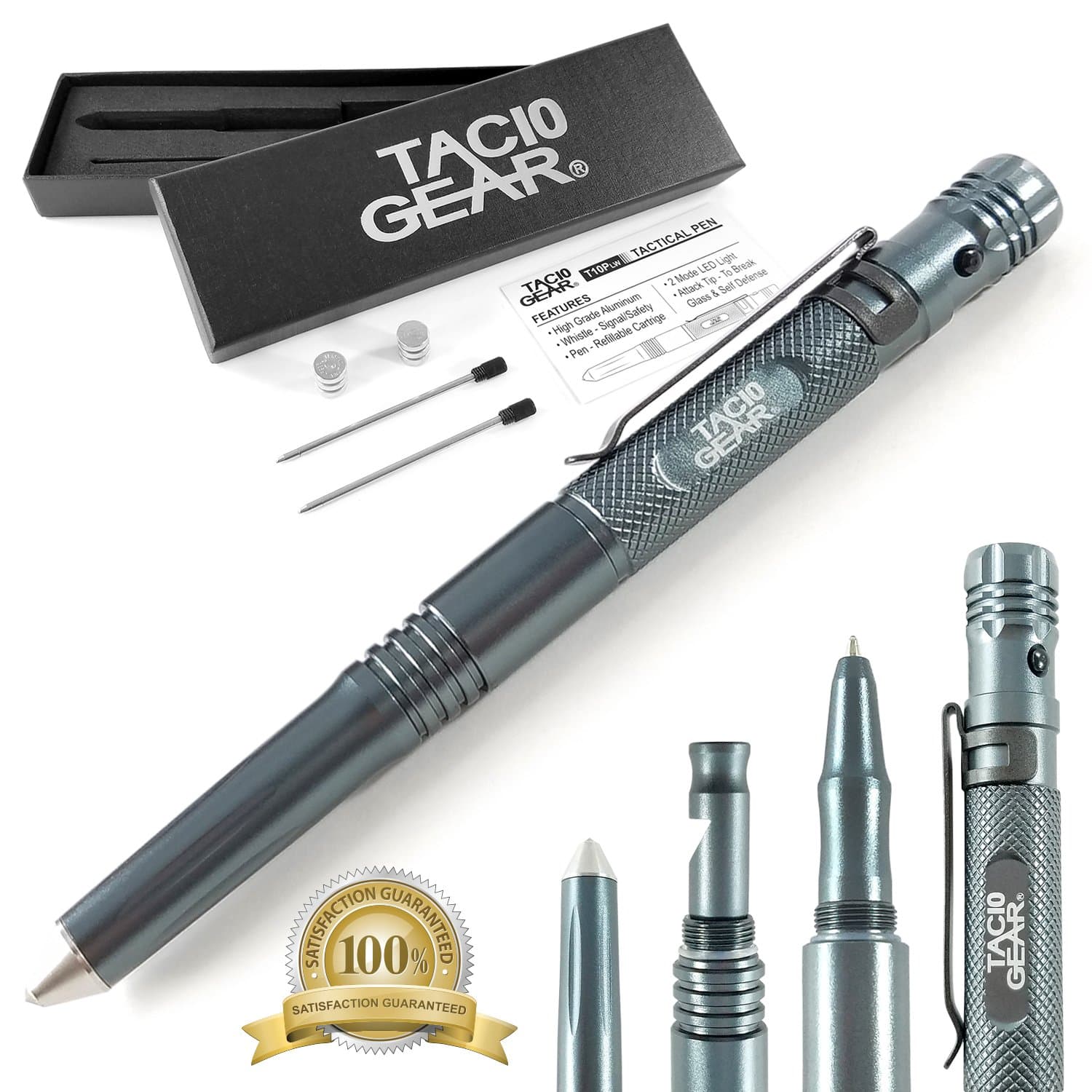 Tactical LED Flashlight Pen - 2 Light Modes + Glass Breaker + Alert Whistle + 2 Sets Of Batteries + Extra ink + Gift Box (QTY 1, Gray)