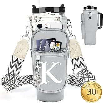 LOKASS Water Bottle Holder with Strap for Stanley Cup 30 oz Tumbler with Handle, Personalized Initial Gift, Water Bottle Carrier Bag with Phone Pocket & Carabiner for Stanley Cup Accessories