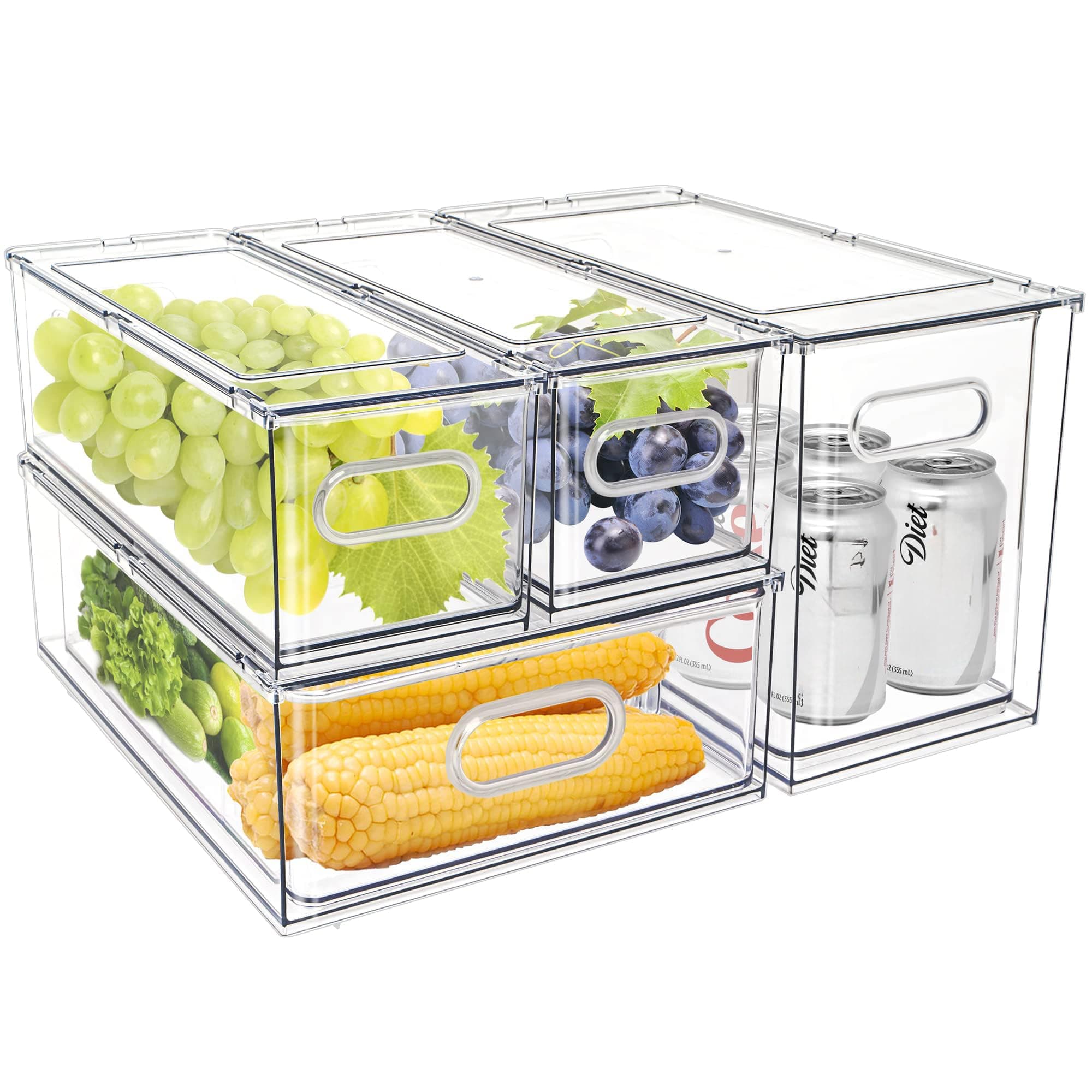 MANO Fridge Drawer Pull Out Stackable Bins with Handle Clear Refrigerator Drawers Organizer Food Storage Container Box with Dividers Plastic Produce Saver for Pantry, Cabinet, Kitchen, Clothes（4Pack）