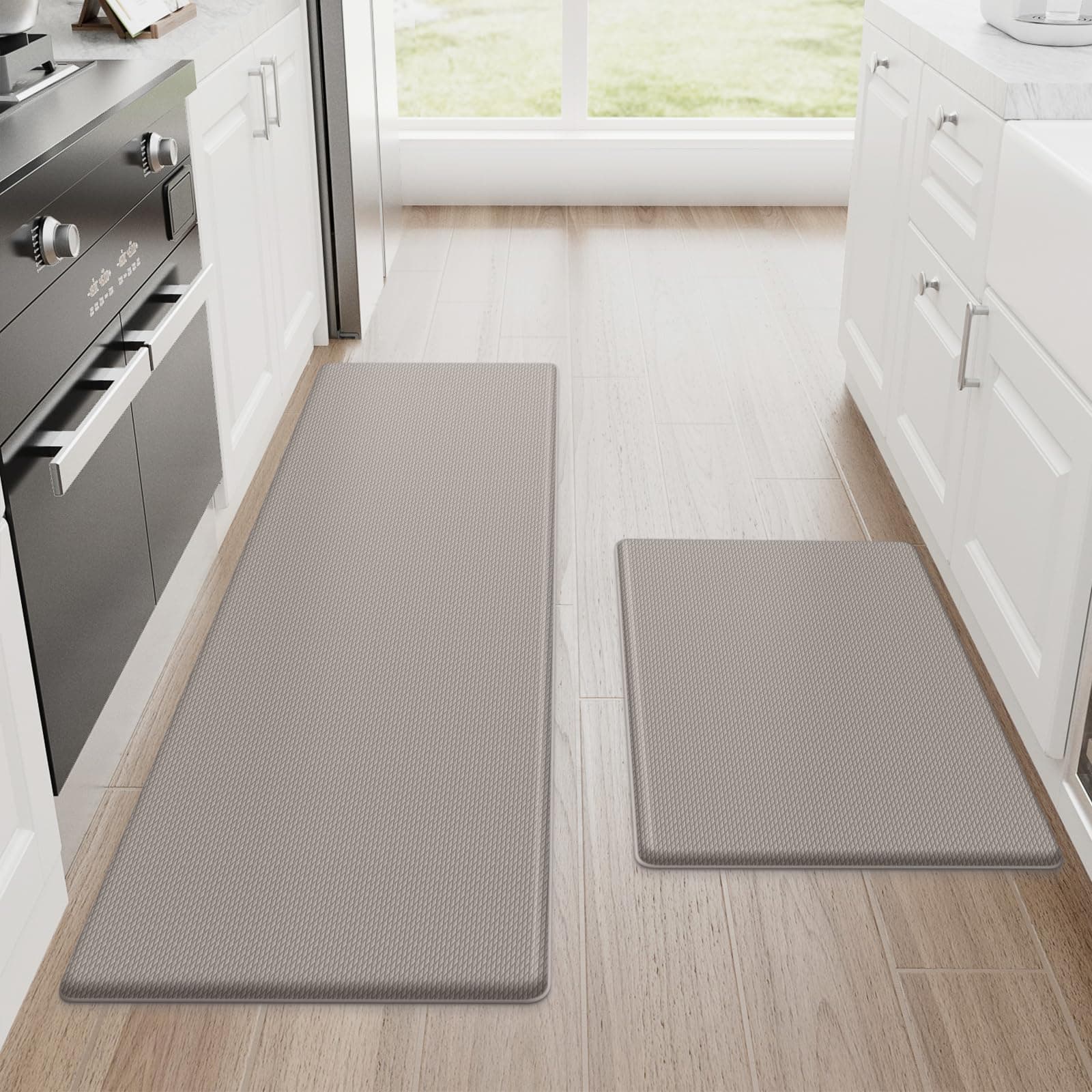 StepRite Kitchen Mats, 2PCS Kitchen Rugs, Cushioned Anti Fatigue Kitchen Mats for Floor, Non-Slip Standing Desk Mat, Waterproof Kitchen Rug Set for Kitchen, Floor, Office, 17.3"×30"+17.3"×47", Khaki