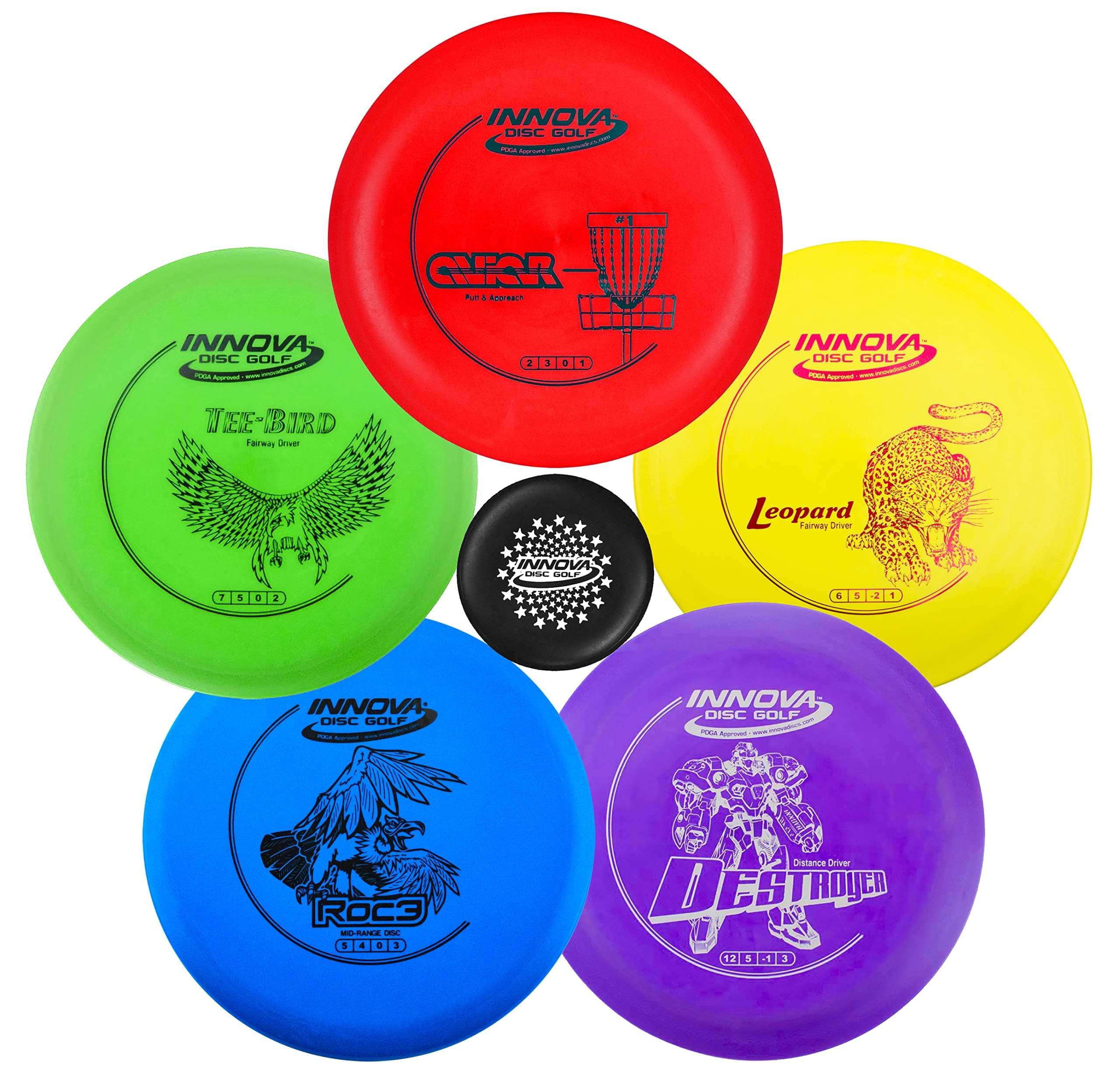 Starter Set –Colors May Vary 160-180g – Includes Putter, Mid Range, 2X Fairway Drivers, Distance Driver, Mini Marker Beginner Disc Golf Set