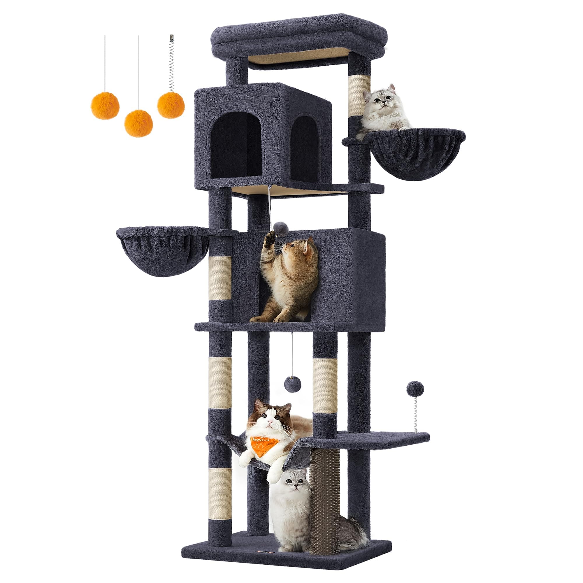 Feandrea Large Cat Tree, 175 cm Tall Cat Tower, Multi-Level Cat Condo with 2 Caves, 2 Baskets, 5 Scratching Posts, Self-Groomer, Perch, Hammock, for Indoor Cats, Dark Grey PCT182G02