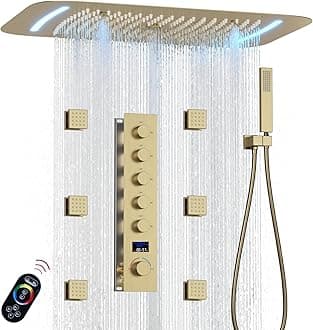 Brushed Gold Shower System Temperature Display Shower Faucet Set with 16X26 inch Ceiling Shower(3 Modes), with 6 PCS Body Jet and Handheld Spray