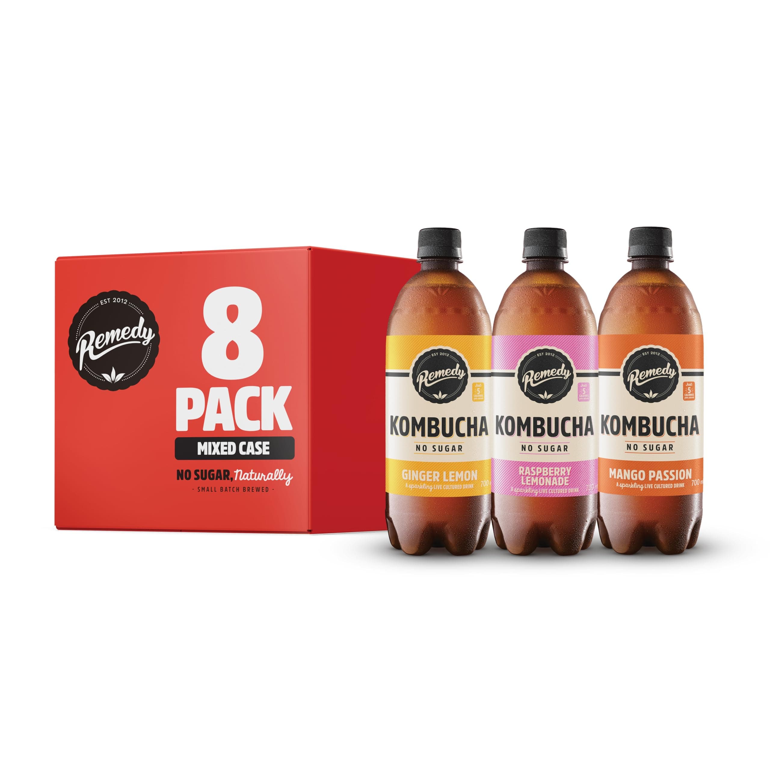 Kombucha Tea - Mixed Pack - 4 Mango Passion, 2 Ginger Lemon, 2 x Raspberry Lemonade - Sparkling Live Cultured, Naturally Sugar Free Soft Drink - Probiotic for Gut Health - 8 x 700ml