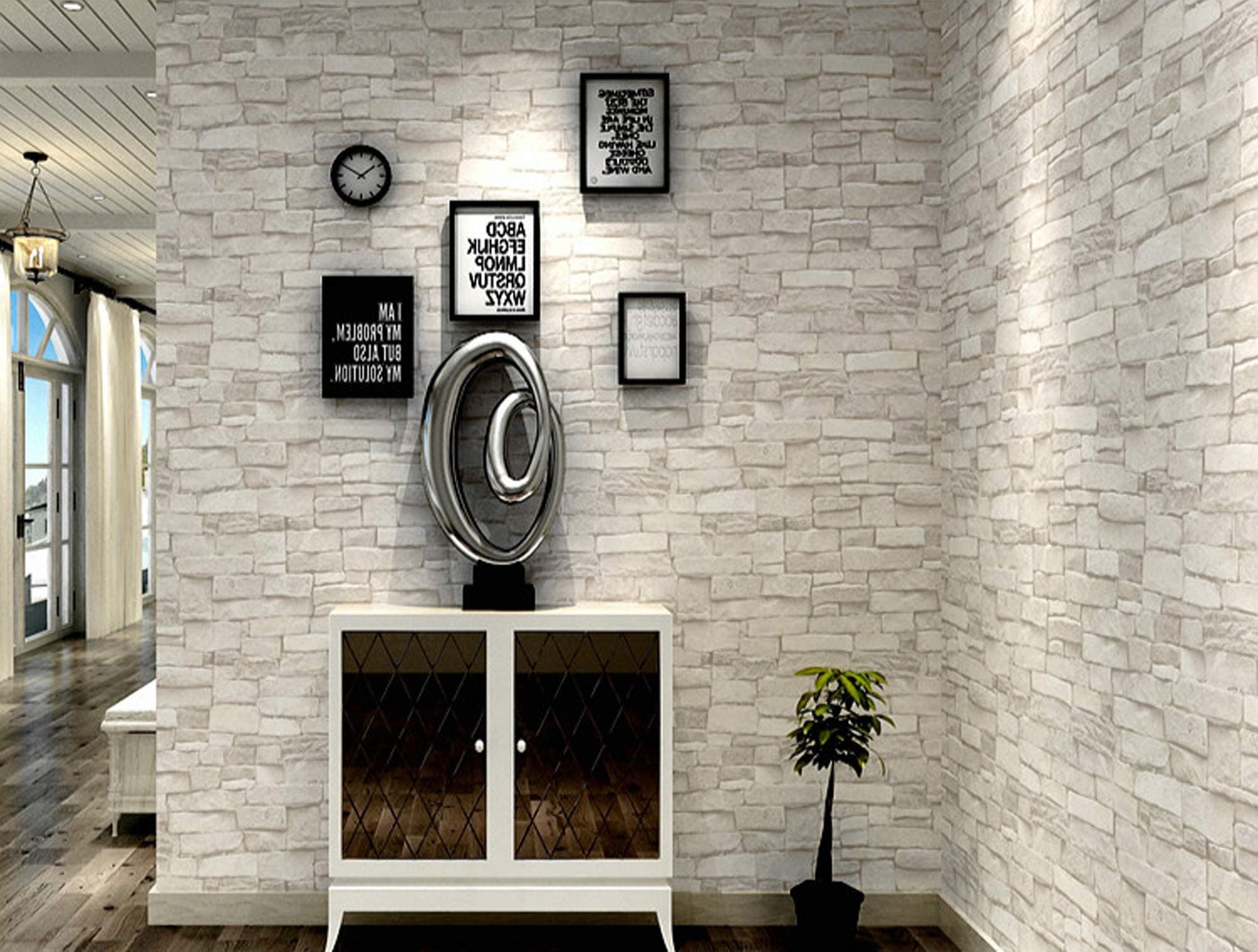 Ovoin WP65101 Grey White Brick Stone 3D Wall Slate Effect Wallpaper Roll. (0.53*10 Metres, 57 Sq Ft)