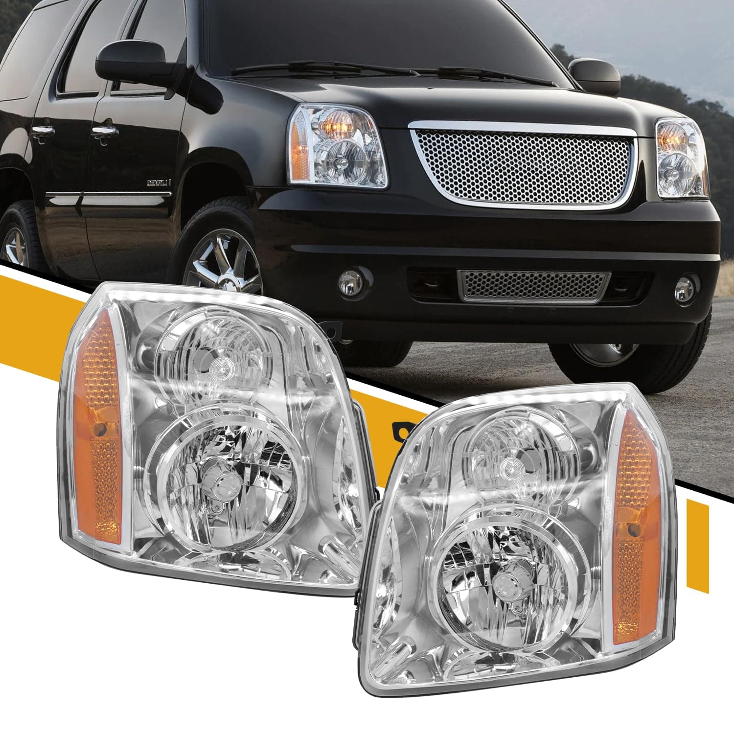 CLERYEE Headlight Pair Assembly Compatible with 2007-2014 GMC Yukon/Yukon XL 1500 2500 [Denali Style], Factory-Style Head Lamp Replaces 15861026 15861025, Chrome+Amber, Left and Right Side