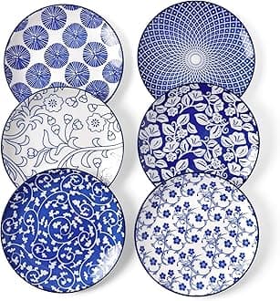 Ceramic Dessert Plates Set of 6, 6 Inch Appetizer Plates for Kitchen, Microwave & Dishwasher Safe, Vintage Blue