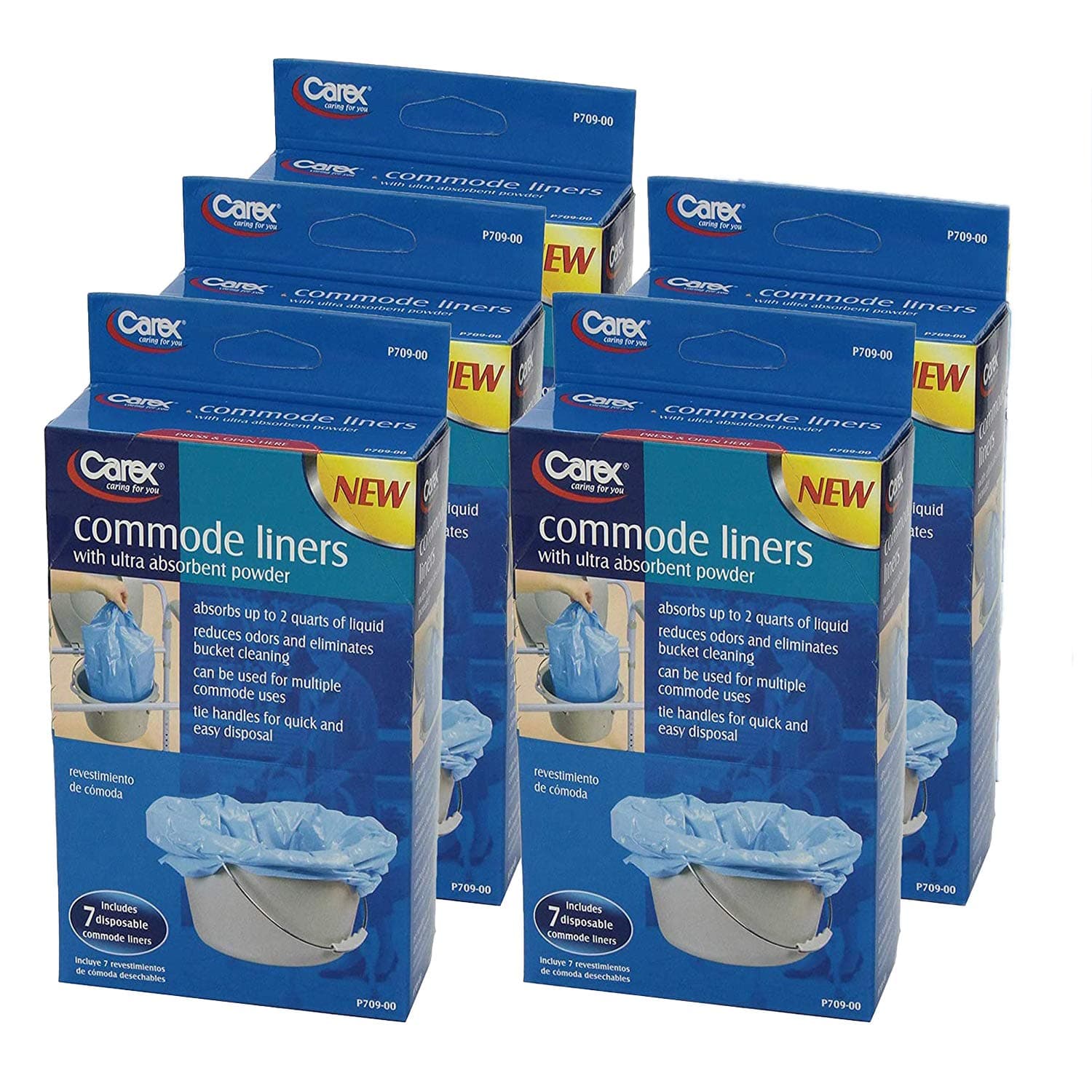 CarexCommode Liners, 35 Liners - Fits Most Commodes, With Absorbent Powder, Holds 2 Quarts Liquid, Disposable 7 Toilet Liners/box, Pack of 5