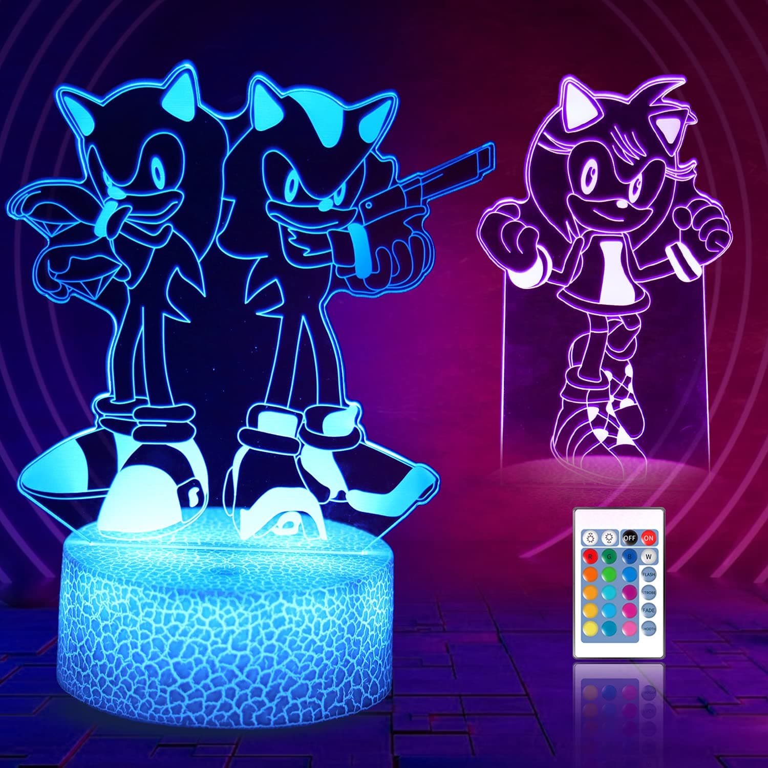 althiqahkey Sonic Anime Night Light 3D Illusion Lamp Two Patterns and 16 Color Change Decor Table Lamp with Remote Control, Christmas Valentines Day Gifts for Boys Kids Room Deco