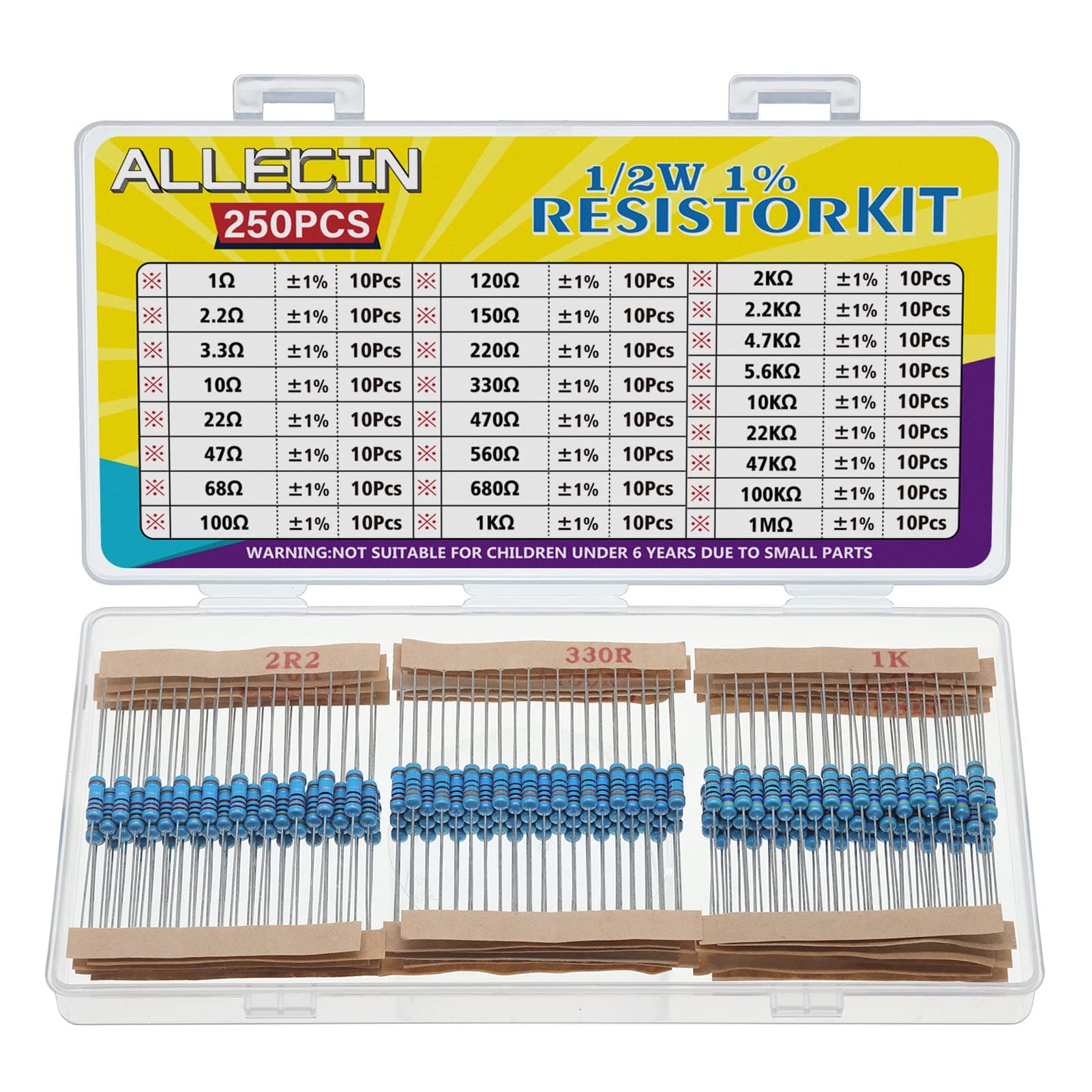 25 Values 1/2W Resistor Kit From 1 Ohm to 1M Ohm 1/2 Watt 1% Metal Film Resistors Assortment