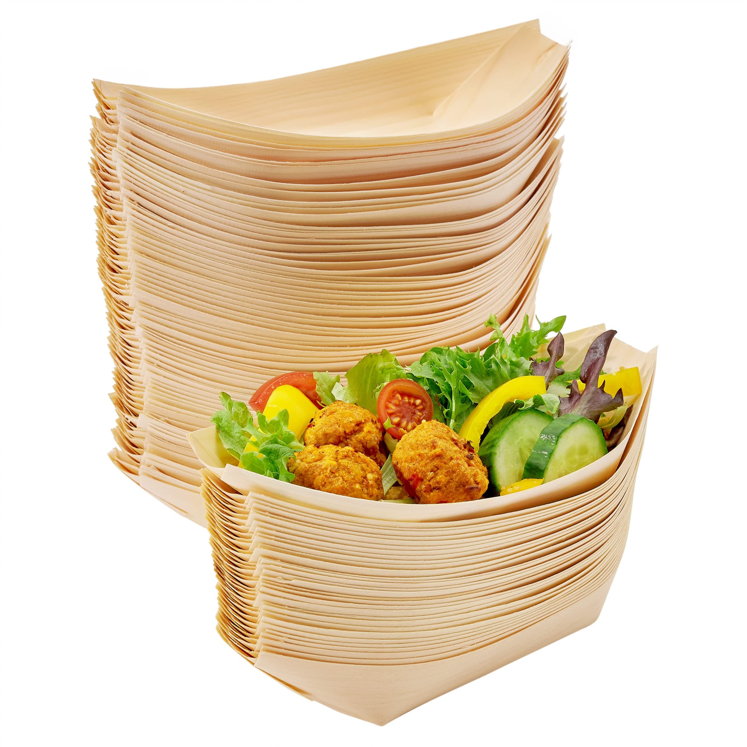 8.3" Inch Large Bamboo Plates Disposable 100 Pack - Biodegradable Sushi Boat Serving Tray, Wood Paper Plates for Appetizer, Taco, Snacks, Disposable Bamboo Bowls & Vessel for Parties