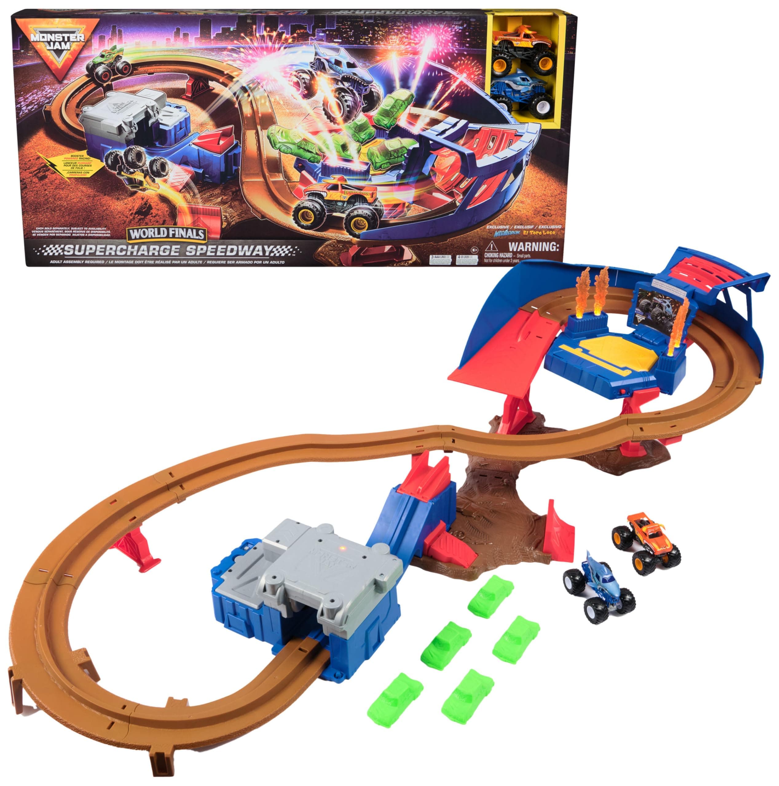 Supercharge Speedway Playset, Megalodon and El Toro Loco Die-Cast Monster Trucks, Light Up World Finals Track Kids Toys for Boys Ages 3 and Up