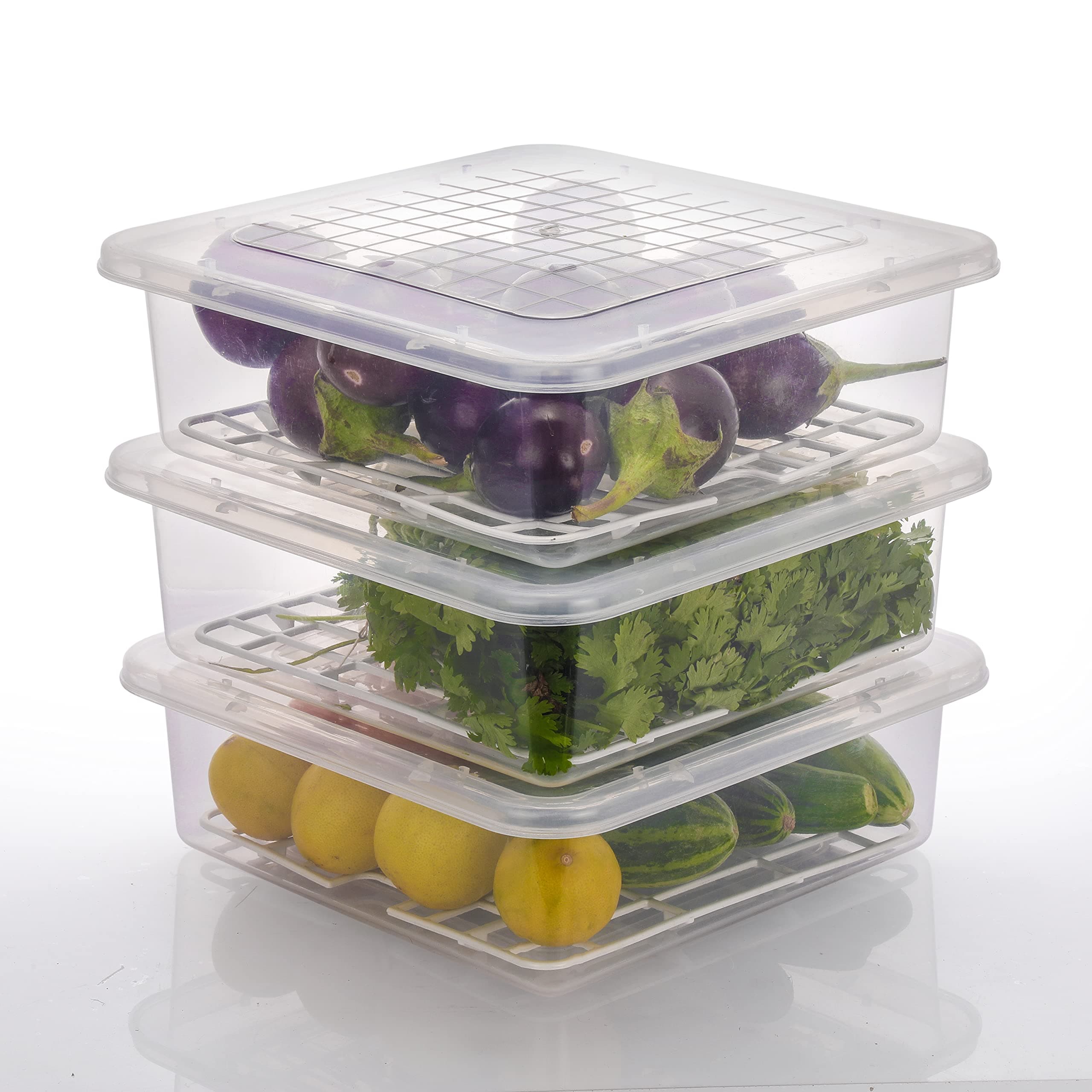 Fridge Storage Boxes Fridge Organizer with Removable Drain Plate and Lid Stackable Fridge Storage Freezer Storage Containers for Fish, Meat, Vegetables, Fruits (2500ML, Pack of 3)
