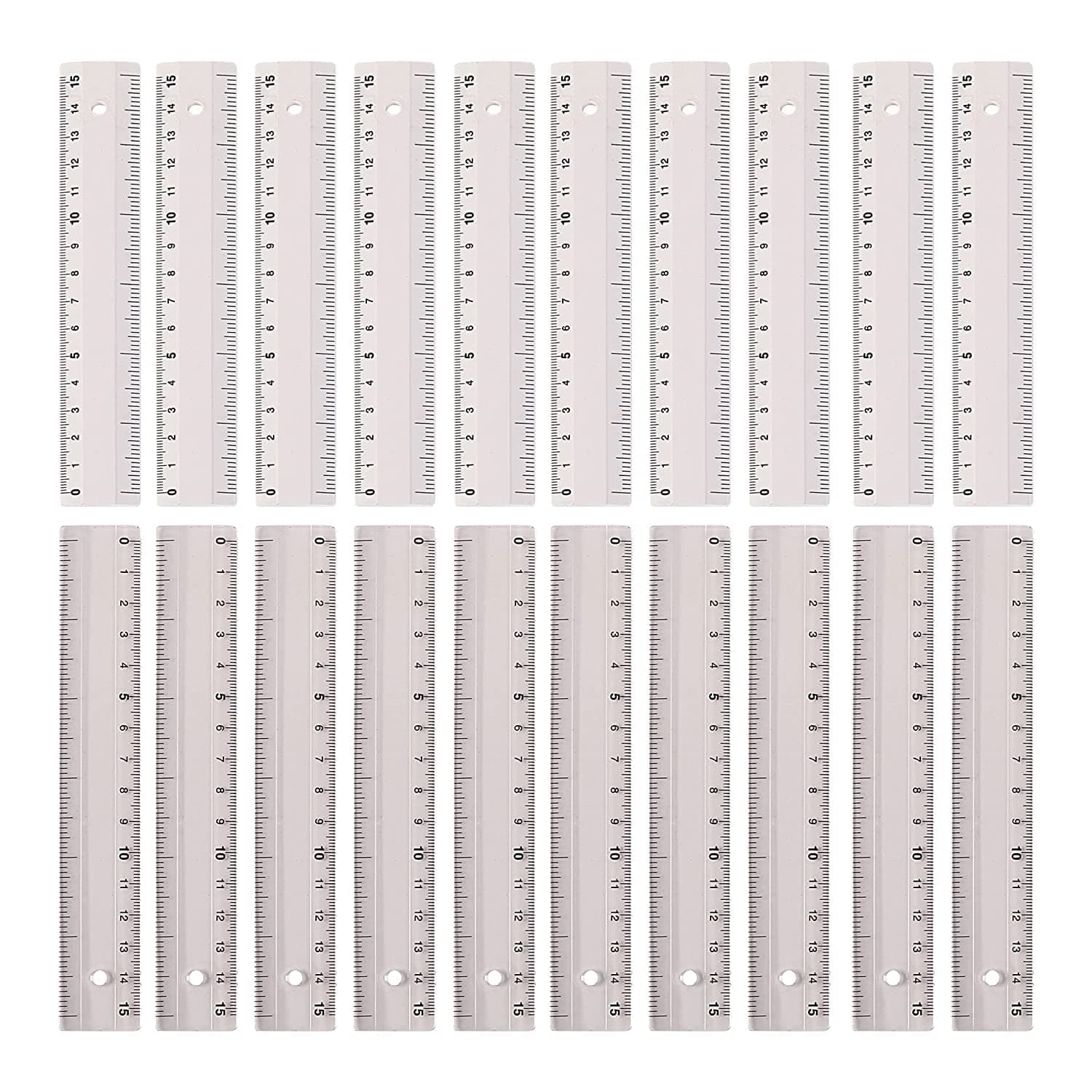 Amazon Brand – Umi 10pc Clear Plastic and 10Pc White Unbreakable Flexible Plastic 6 Inch Standard/Metric Rulers Straight Ruler Measuring Tool for Student School Office - 20 Pc