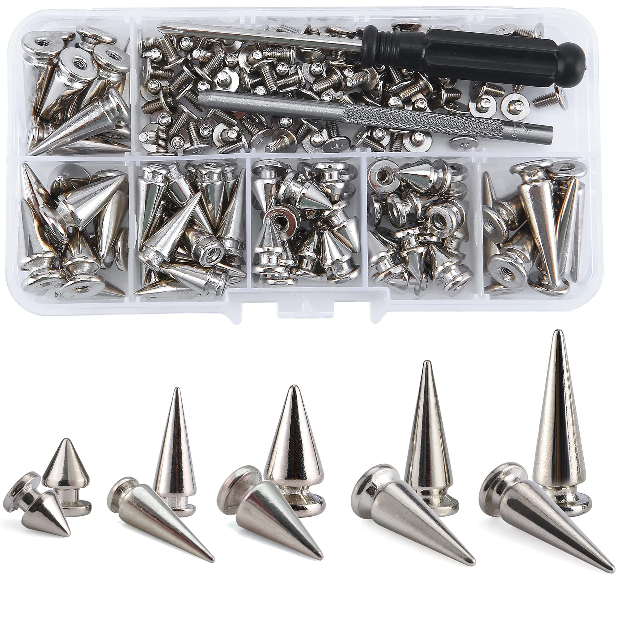 YORANYO 70 Sets Mixed Shape Spikes and Studs Assorted Sizes Spike Studs for Clothing Silver Color Screw Back Bullet Tree Studs and Spikes Rivet for Leather Craft Clothing Shoes Belts Bags Dog Collars