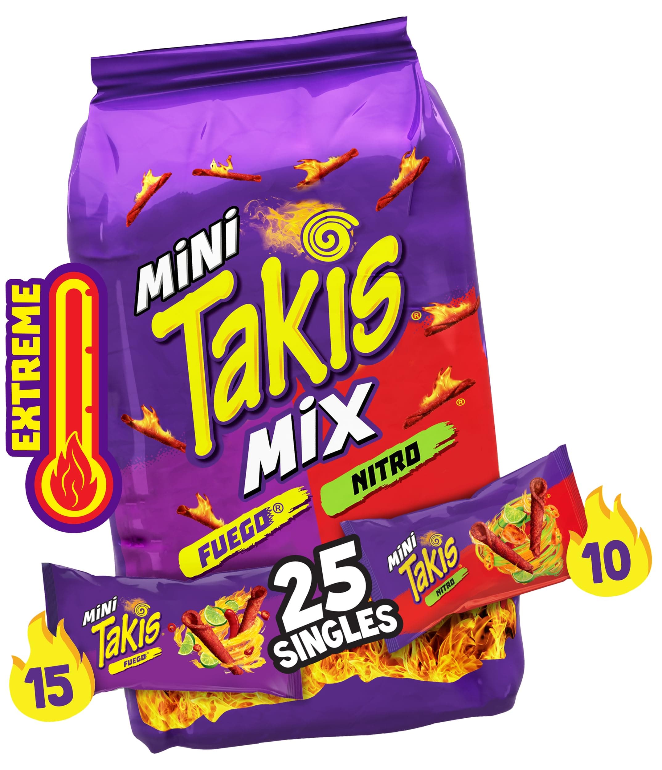 Takis Mini 25PK Bite Size Variety Pack, Assorted Flavored Mixed Rolled Tortilla Chips – (15) Fuego Mini (10) Nitro Mini
