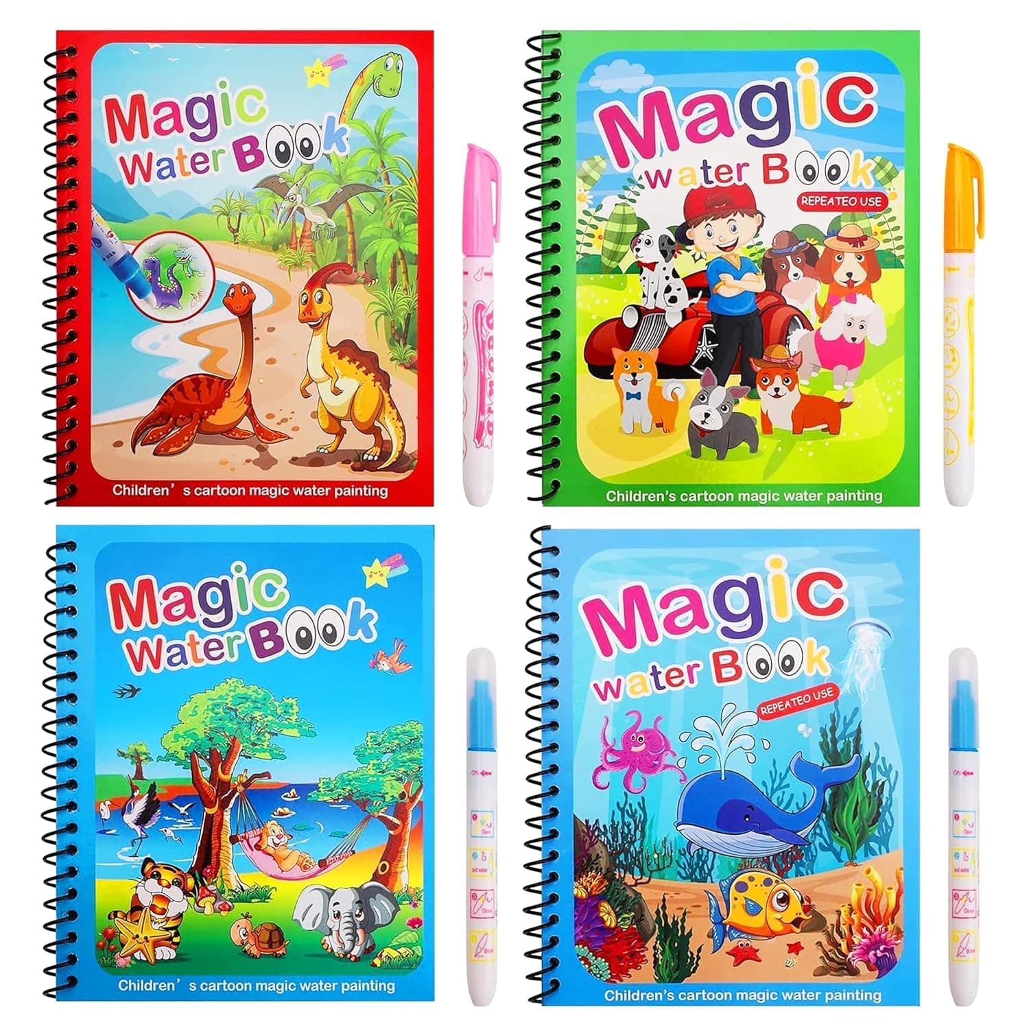 Graphene Magic Water Coloring Book, Educational Fun & Bonding Time for Kids, Reusable, Mess-Free Art with Quick Dry Technology, Promote Fine Motor & Drawing Skills, Ideal Travel Toy with (Pack of 4)
