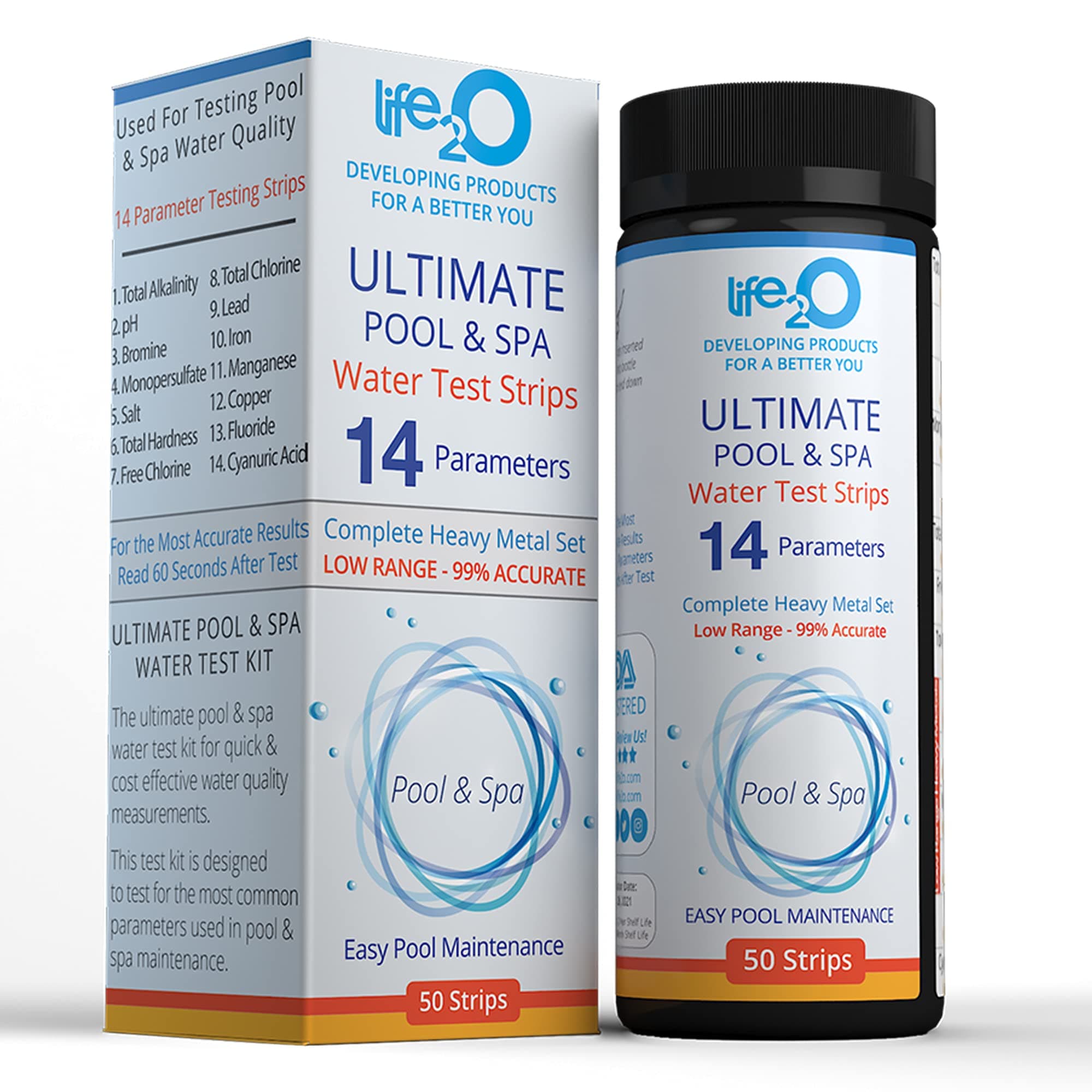 life2O 14 Parameter Spa Test Strips, Fluoride, Heavy Metals, Chlorine, Hardness, pH, Bromine and More, Water Quality Testing Kit for Pool, Hot Tub and Spa Maintenance