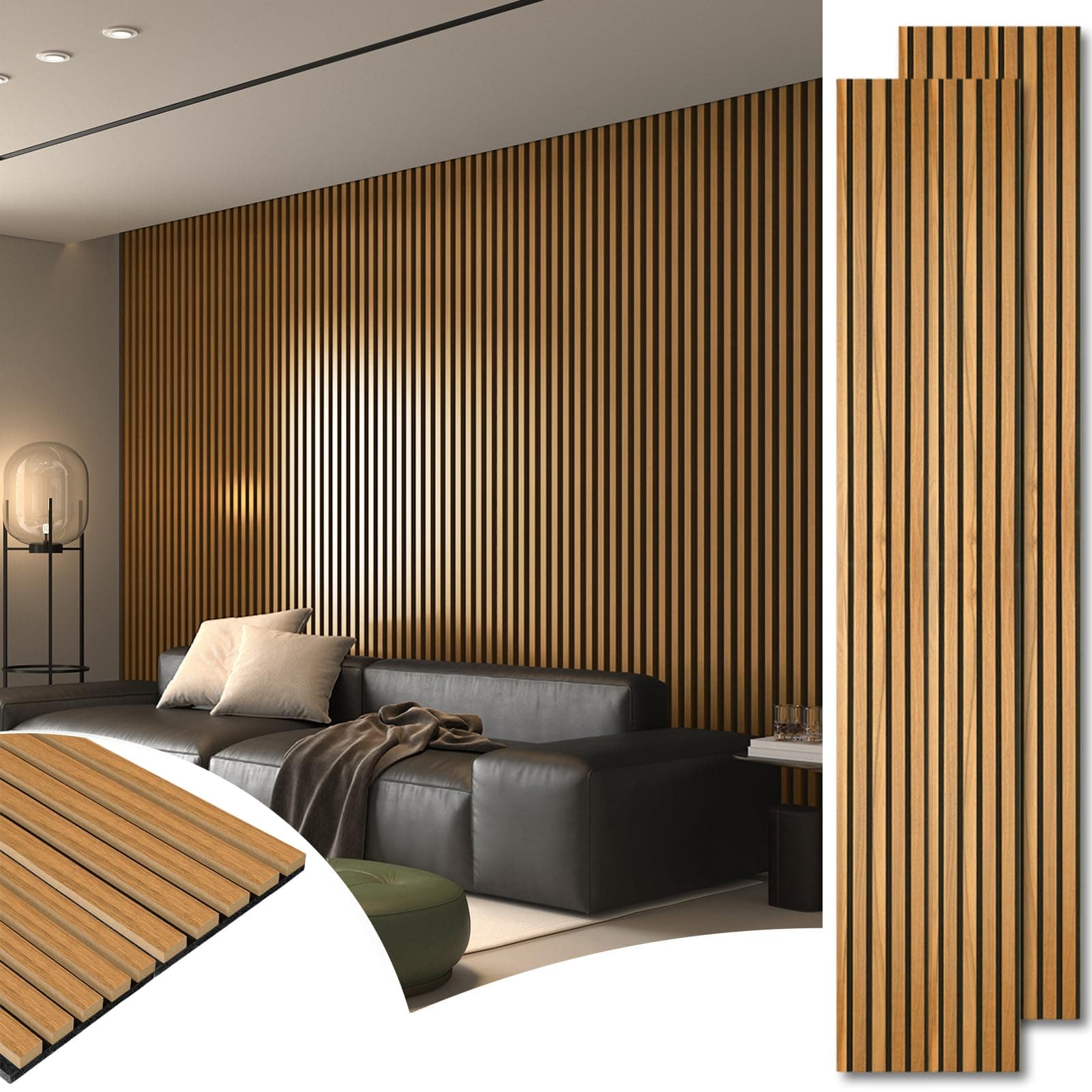 - 2pcs-104 x 15.75in Slat Acoustic Panel for Wall and Ceiling, 3D Fluted Sound Absorbing Panel with Wood Finish, Teak