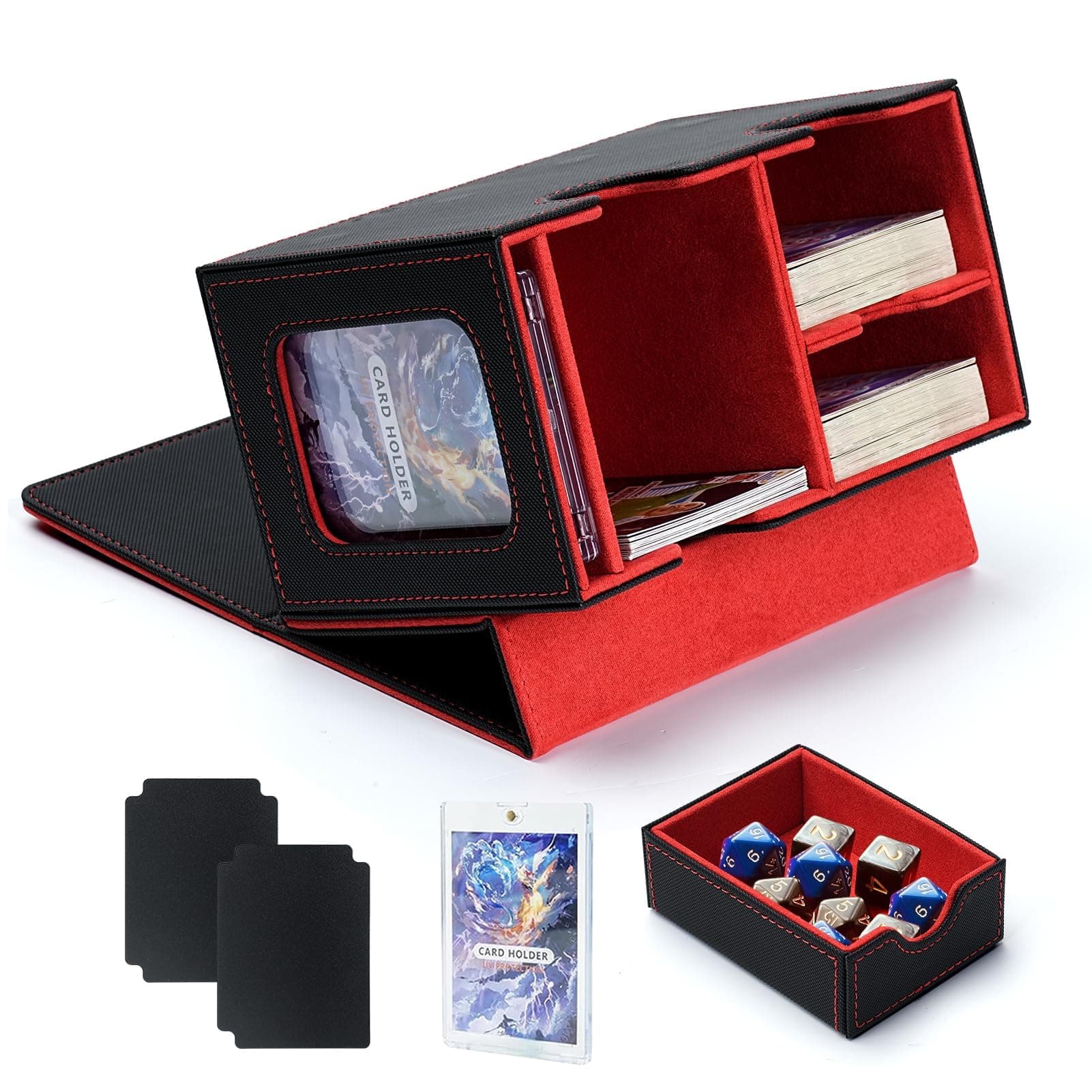 Card Deck Box with MTG Commander Card Display, Holds 280+ Single Sleeved Cards, PU Leather Storage Case with Tray, 2 Dividers, and Toploader for TCG, Yu-Gi-Oh, and More