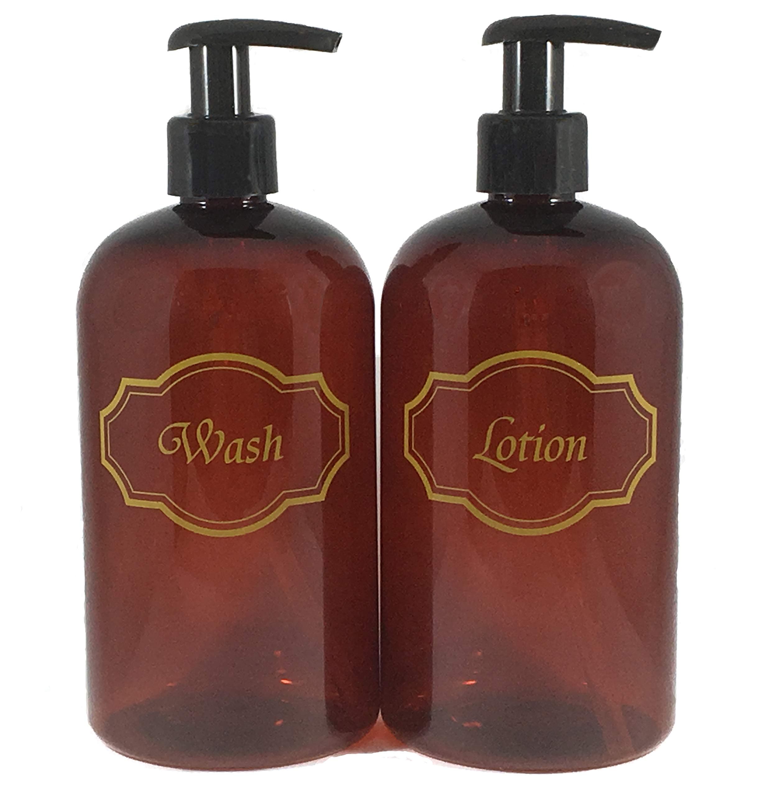 Bottiful Home- 16 oz Refillable Empty Amber PET Plastic Bathroom Soap and Lotion Dispenser Pump Bottle Set-Gold Printed-Black Pumps-Fully Waterproof, Rust-Free, Clog-Free, Drip-Free
