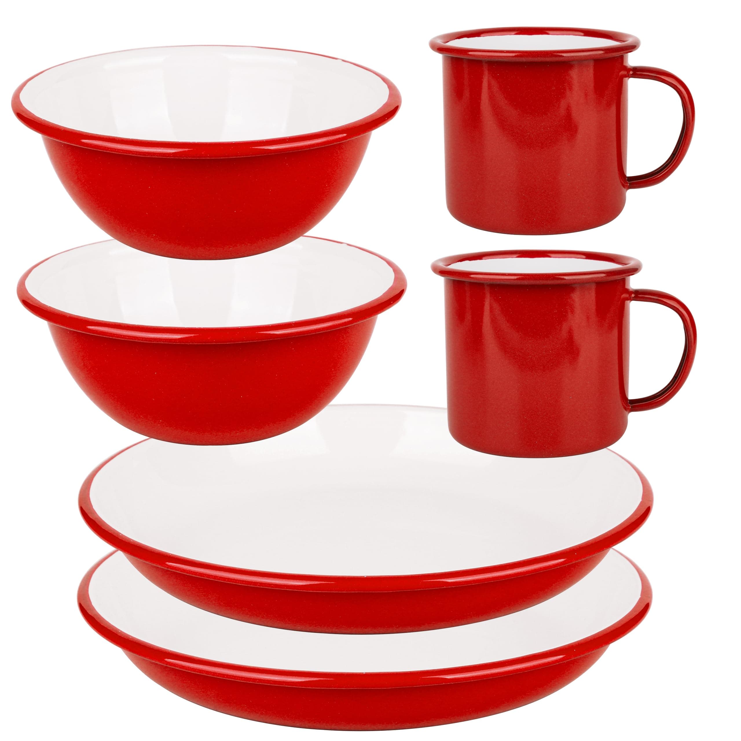 6 Piece Premium Enamel Set for Two | Bowl Deep Dish Plate Mug | Outdoor Camping Hiking Vanlife Enamelware Dining Mess Kit (Backcountry-Hut Red)