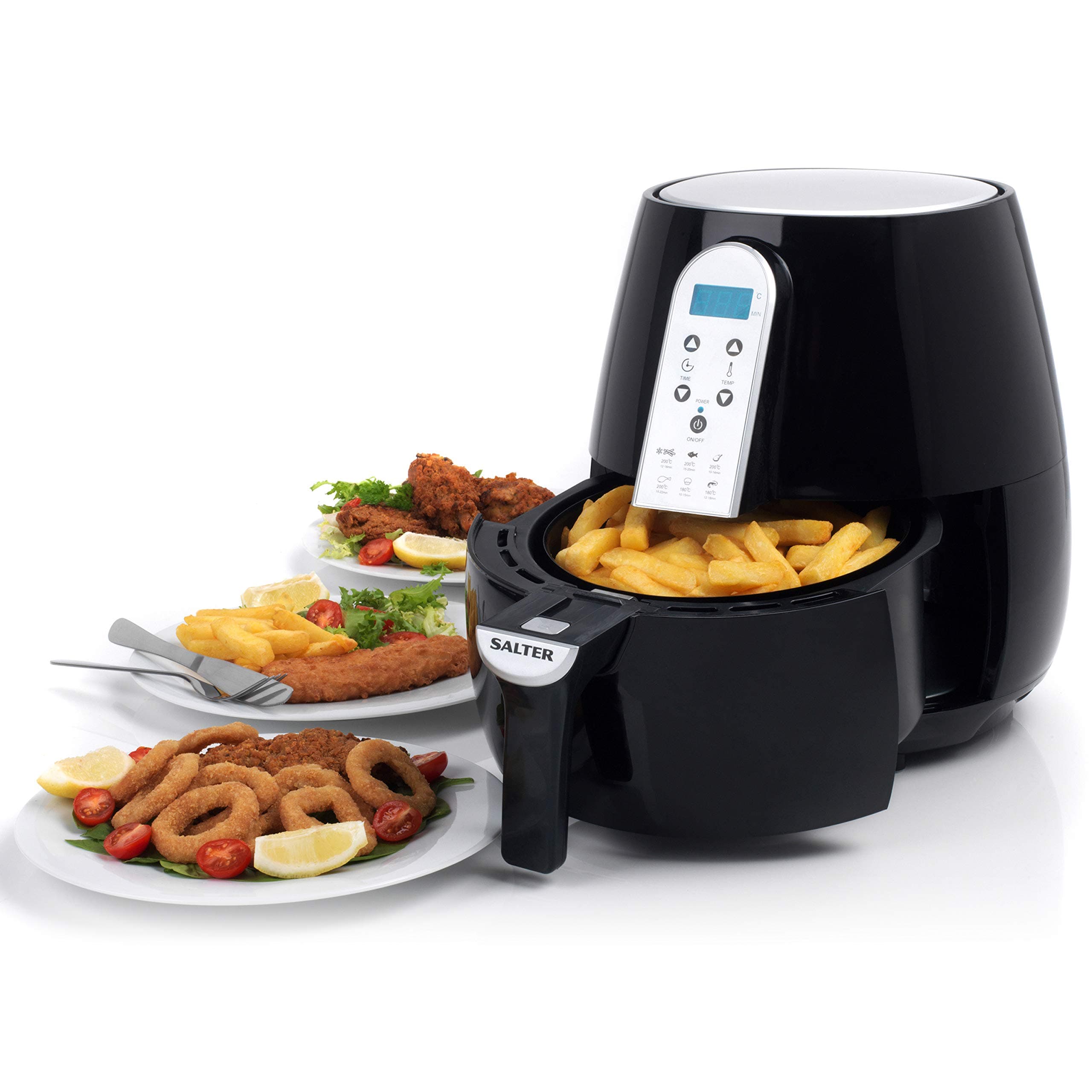 Salter EK2559 XL Hot Air Fryer with Non-Stick Basket, Light Touch Digital Display, Compact Air Fryer, Energy Saving, Adjustable Timer And Power Indicator, Can Heat Up To 200°, 1500 W, 4.5 L, Black